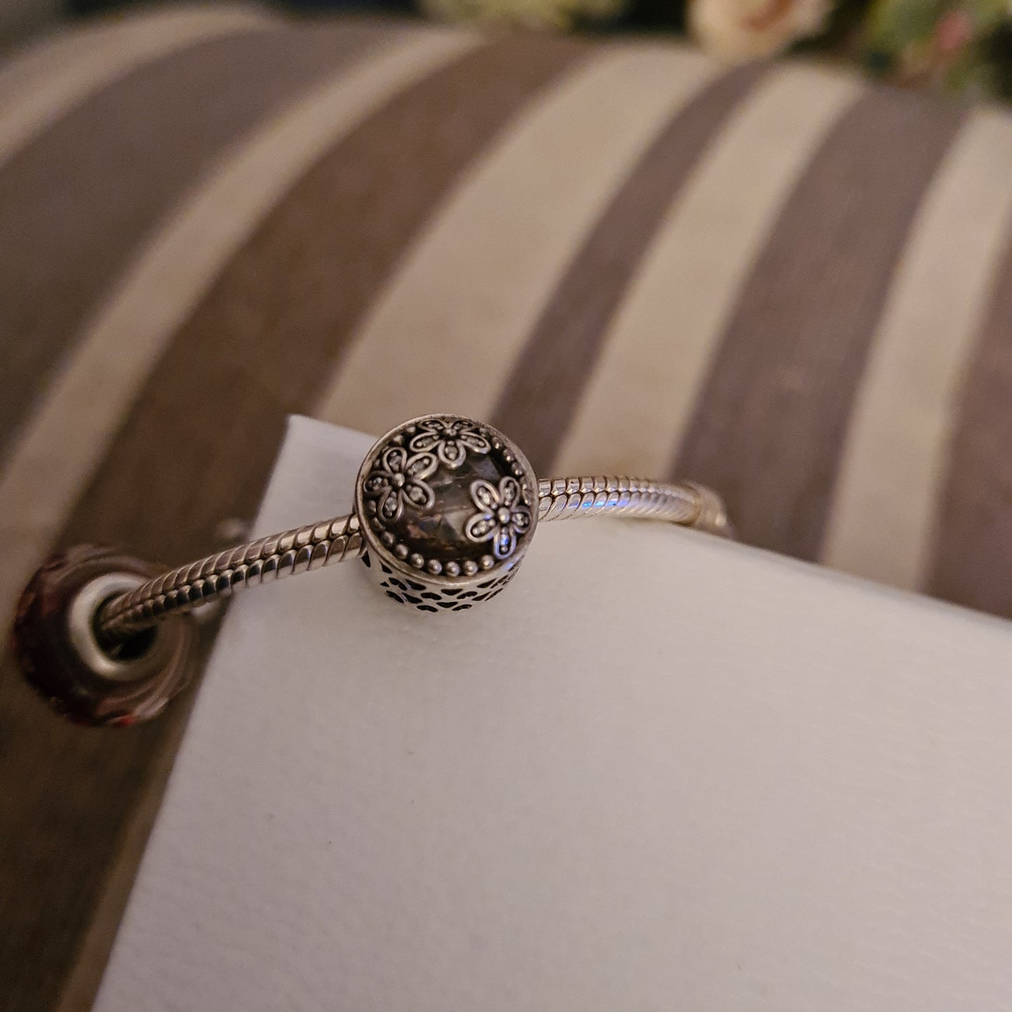 Genuine Pandora Glass Pink and Daisy Flower Pave Charm