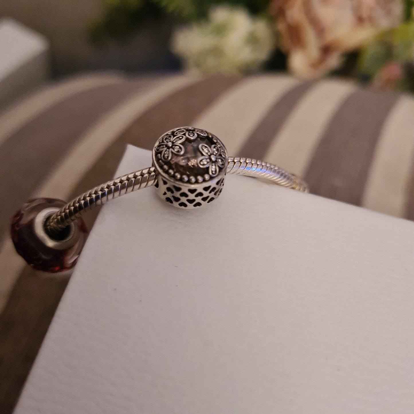 Genuine Pandora Glass Pink and Daisy Flower Pave Charm