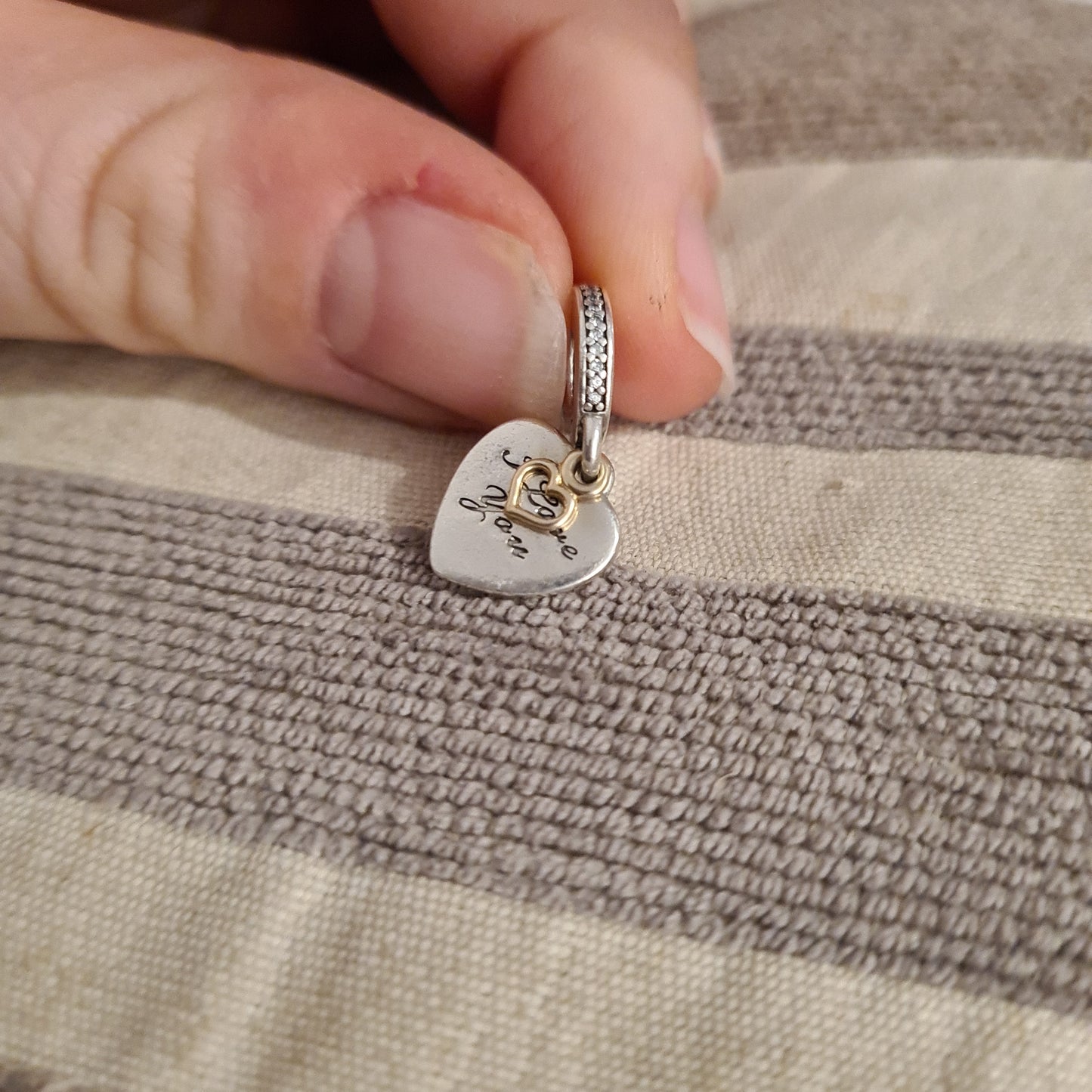 Genuine Pandora Two Tone Heart Dangle with Wording I Love You Forever