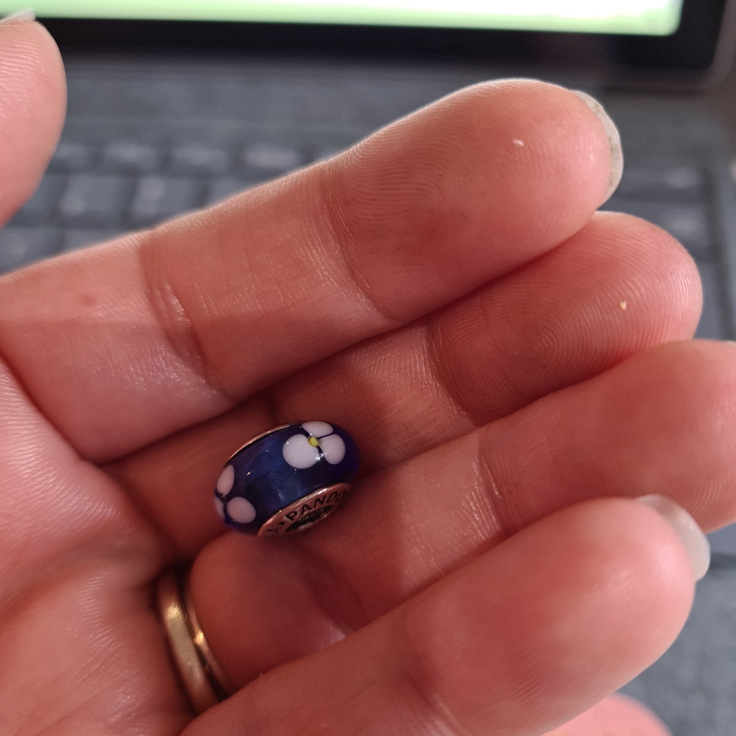 Genuine Pandora Blue/ White Flower Murano Charm