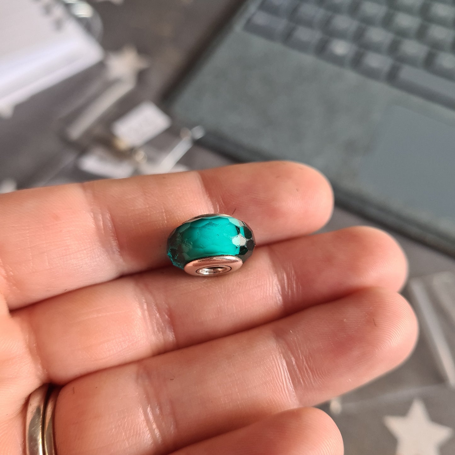Genuine Pandora Faceted Murano Blue Green Teal Turquoise Glass Charm