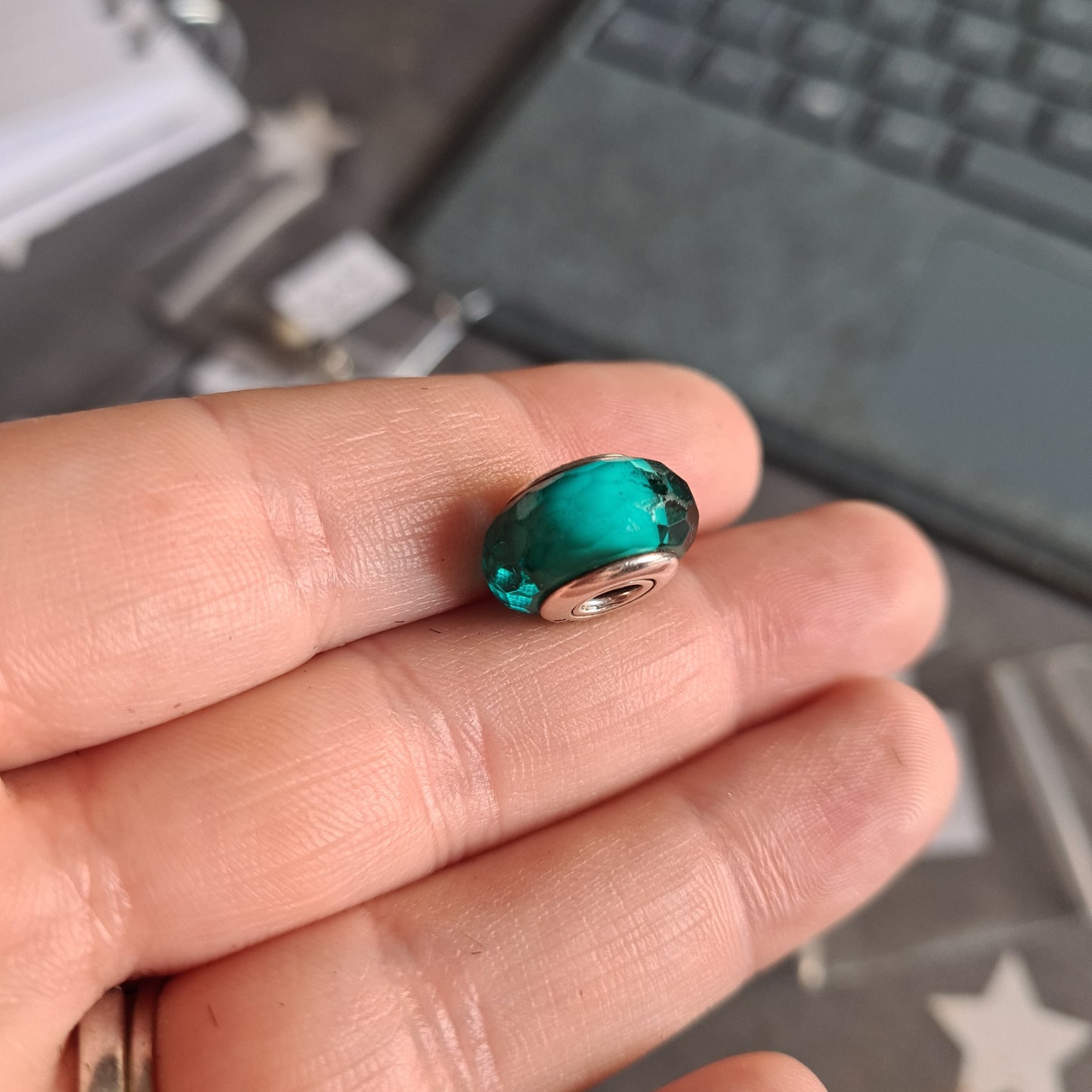 Genuine Pandora Faceted Murano Blue Green Teal Turquoise Glass Charm