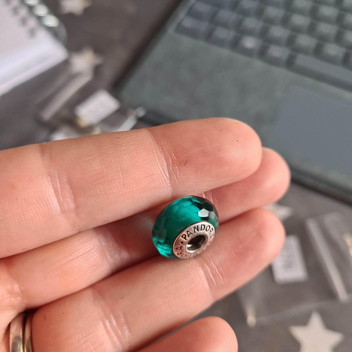Genuine Pandora Faceted Murano Blue Green Teal Turquoise Glass Charm