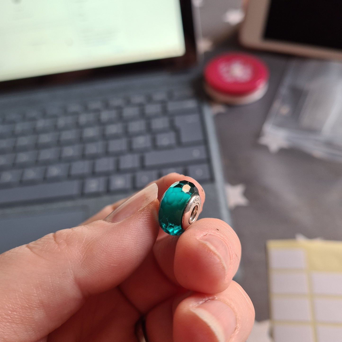 Genuine Pandora Faceted Murano Blue Green Teal Turquoise Glass Charm