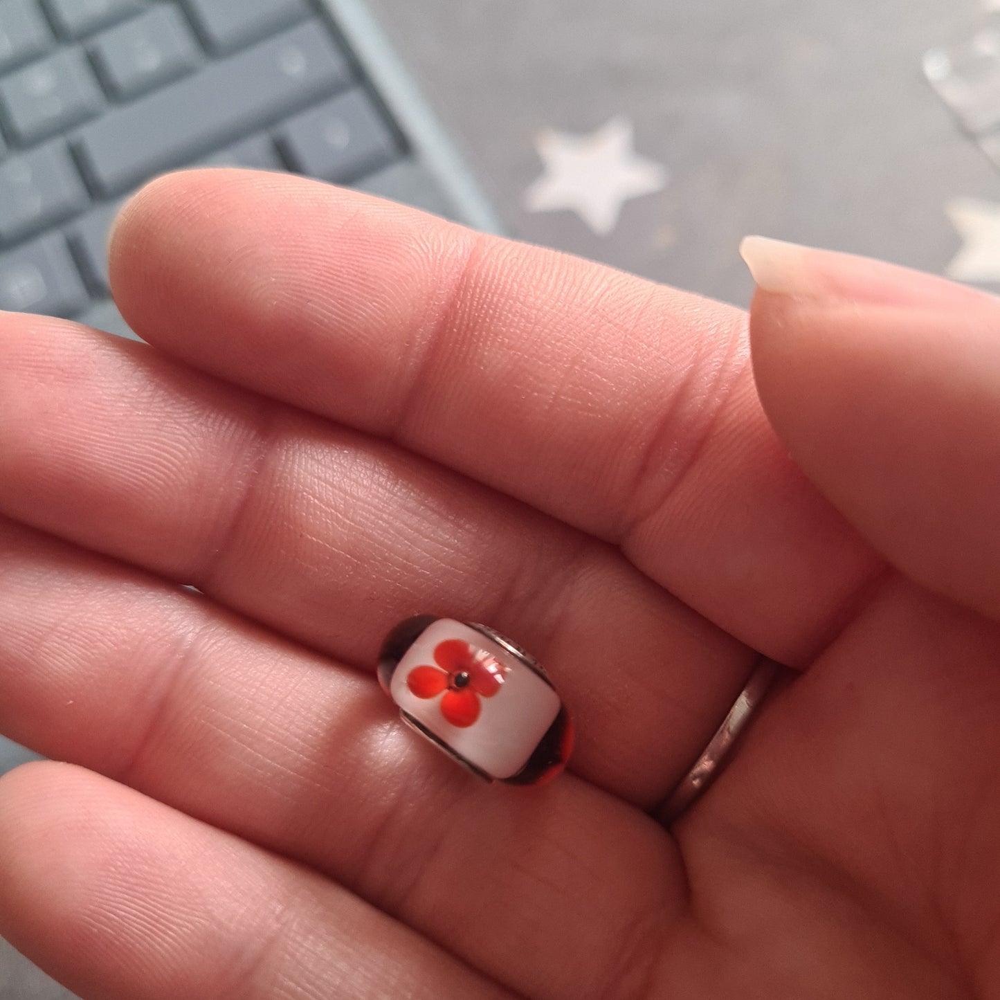 Genuine Pandora Poppy Enamel Red Flower Murano Glass Charm