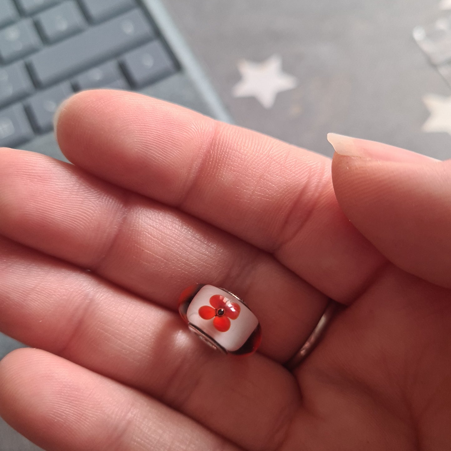 Genuine Pandora Poppy Enamel Red Flower Murano Glass Charm