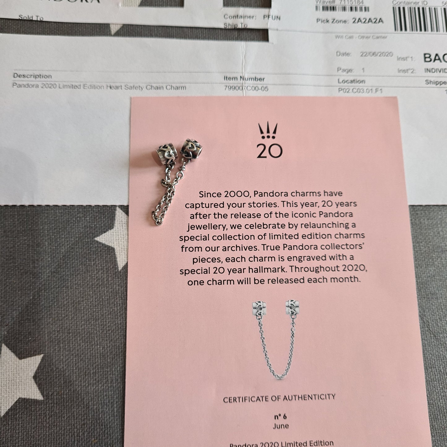 Genuine Pandora 20th Anniversary Heart Safety Chain With Certificate No.6 June