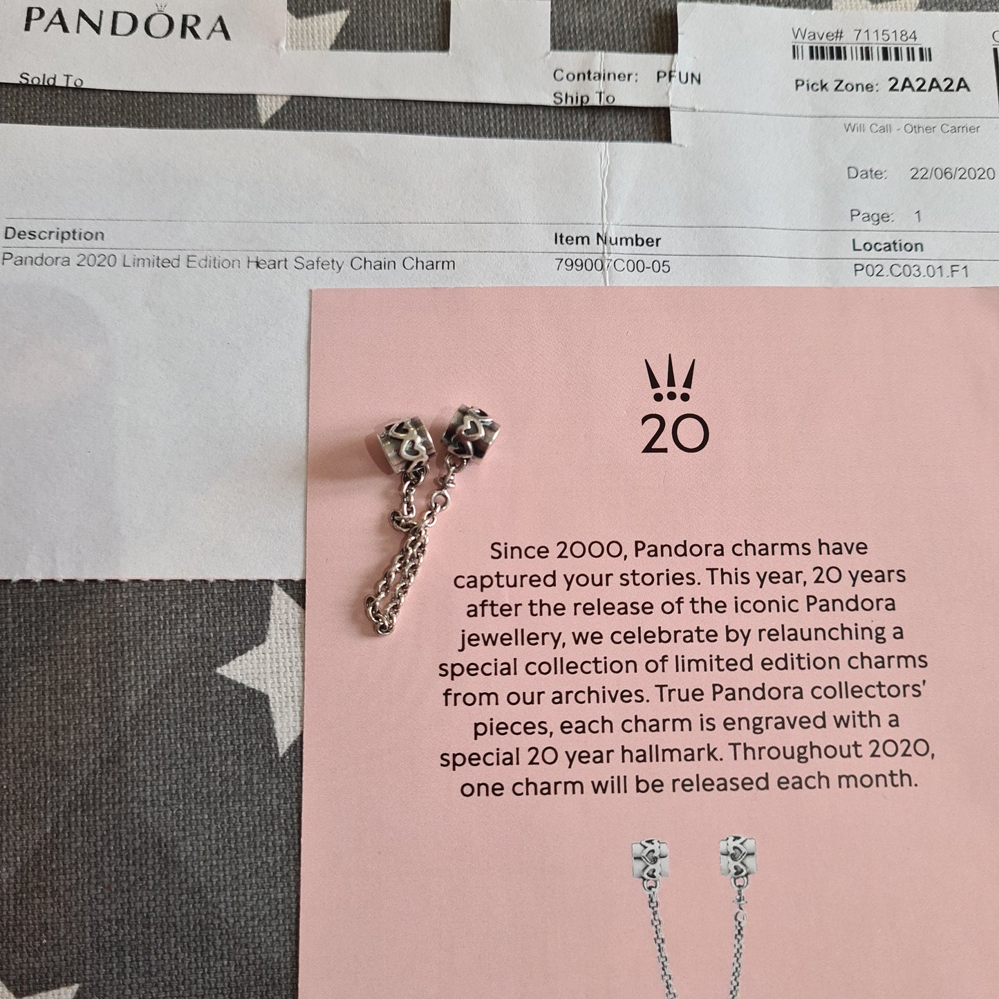 Genuine Pandora 20th Anniversary Heart Safety Chain With Certificate No.6 June