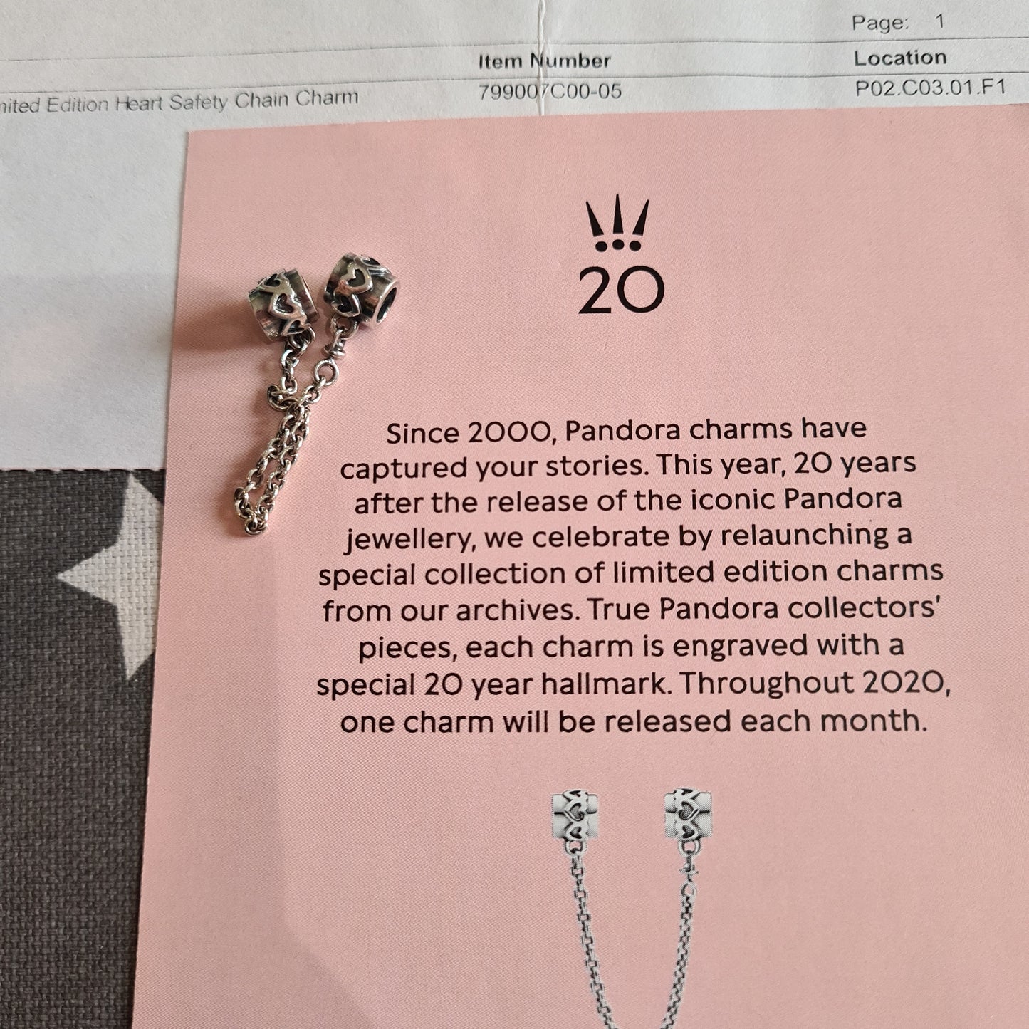 Genuine Pandora 20th Anniversary Heart Safety Chain With Certificate No.6 June