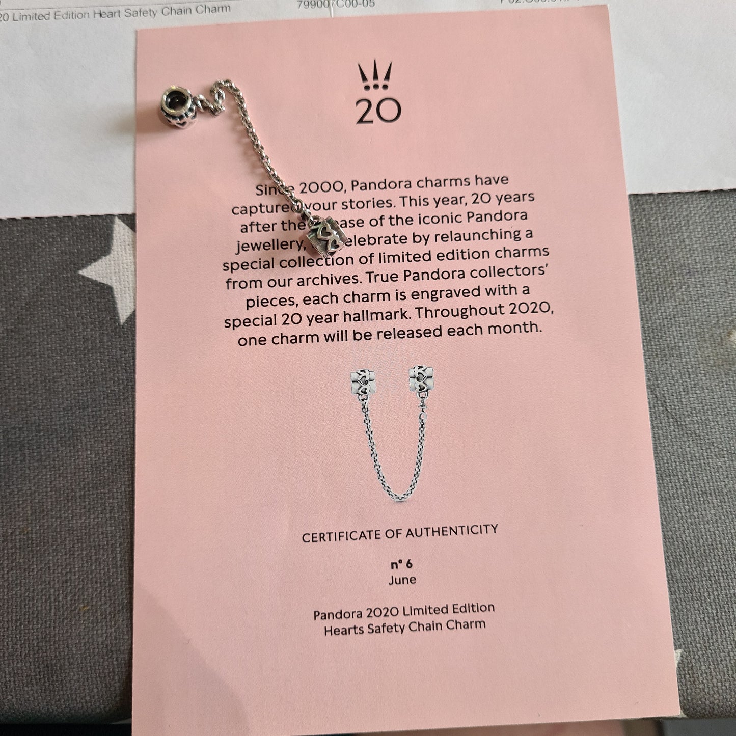 Genuine Pandora 20th Anniversary Heart Safety Chain With Certificate No.6 June