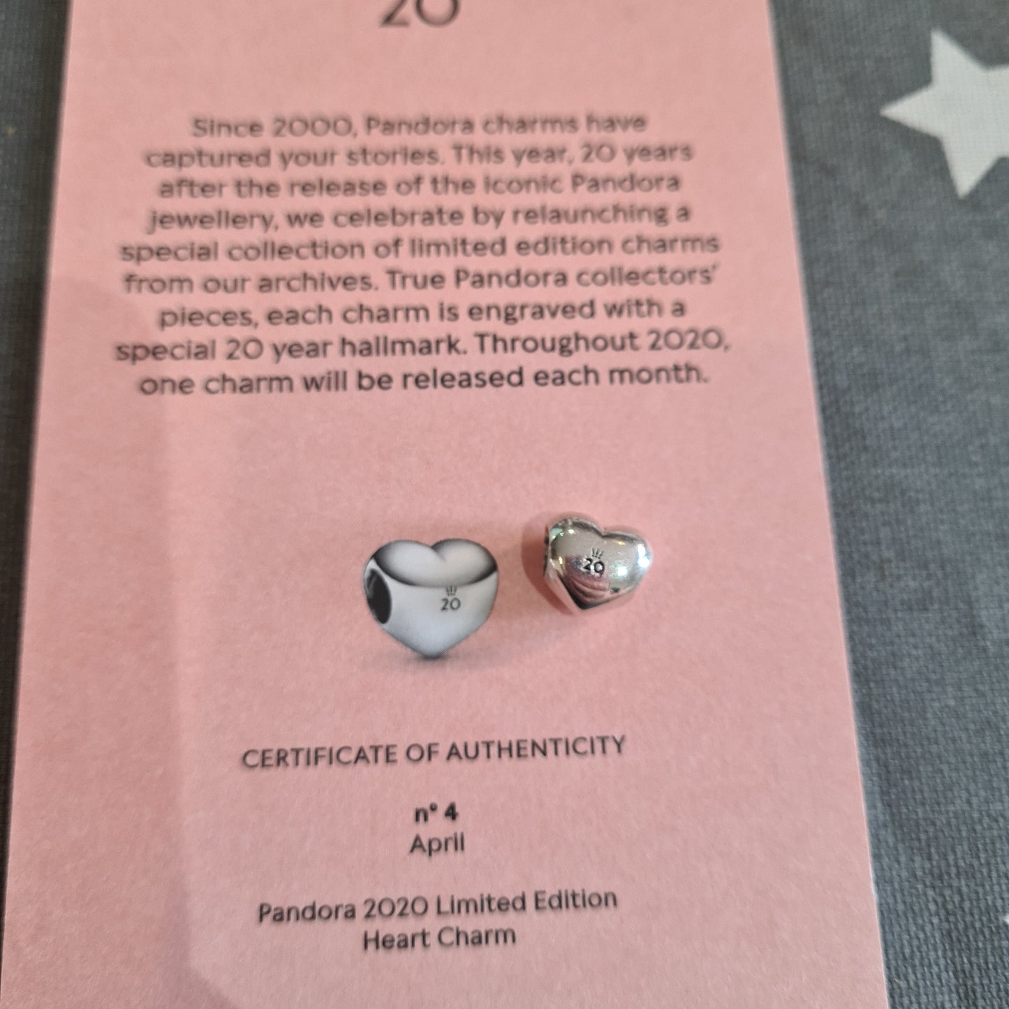 Genuine Pandora 20th Anniversary Puffed Heart NO Certificate No.4 April