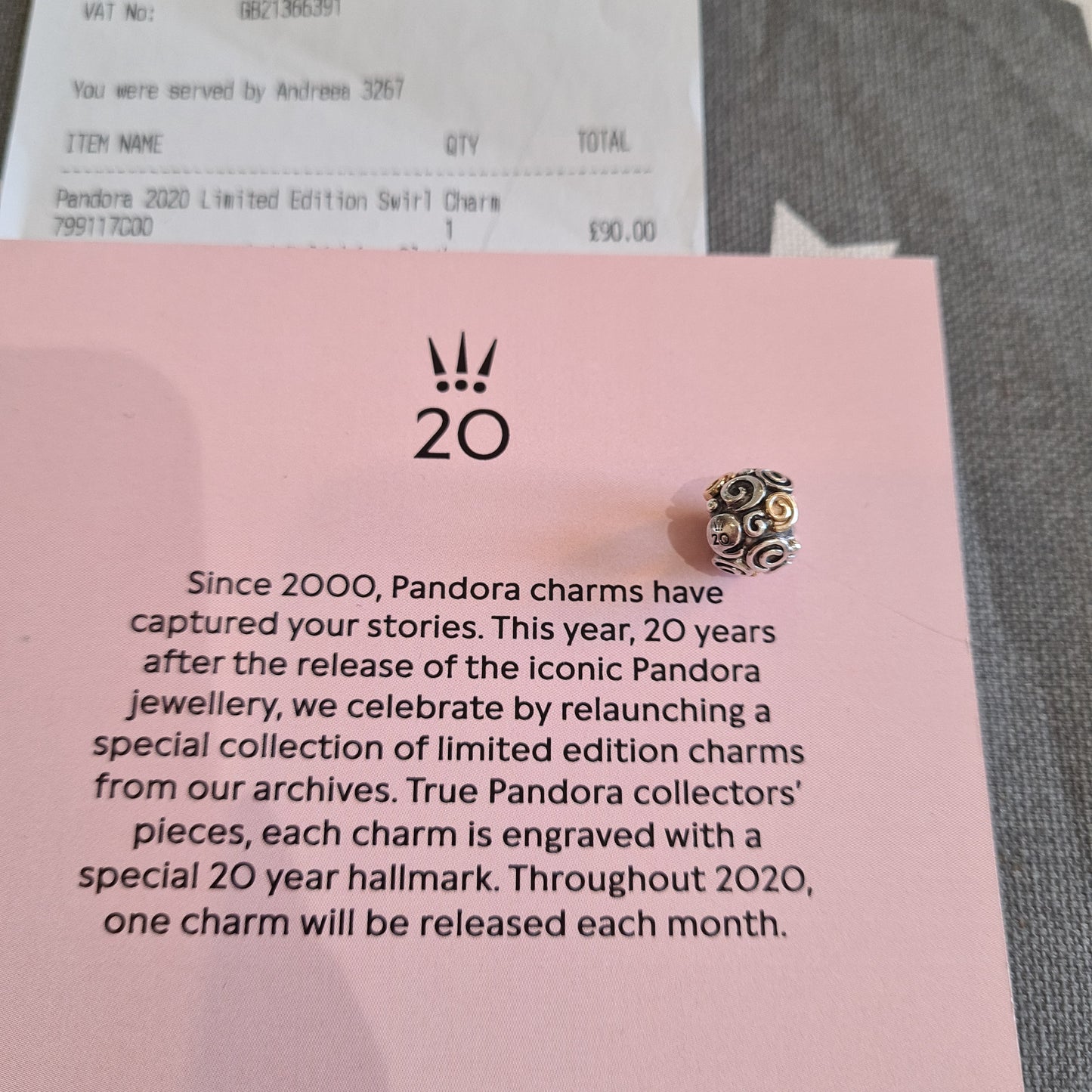 Genuine Pandora 20th Anniversary Two Tone Swirl Ball NO CERTIFICATE
