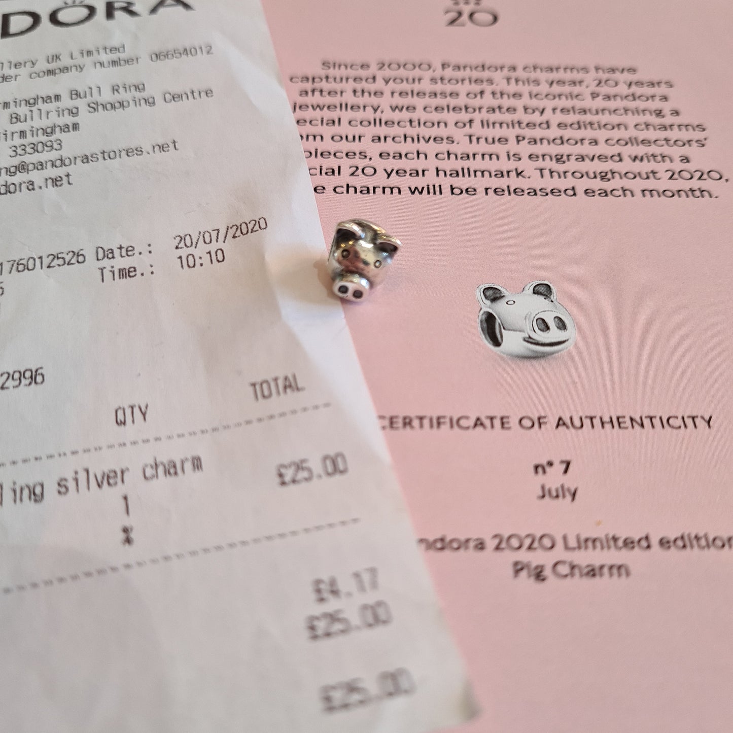 Genuine Pandora 20th Anniversary Pig With Certificate No.7 July