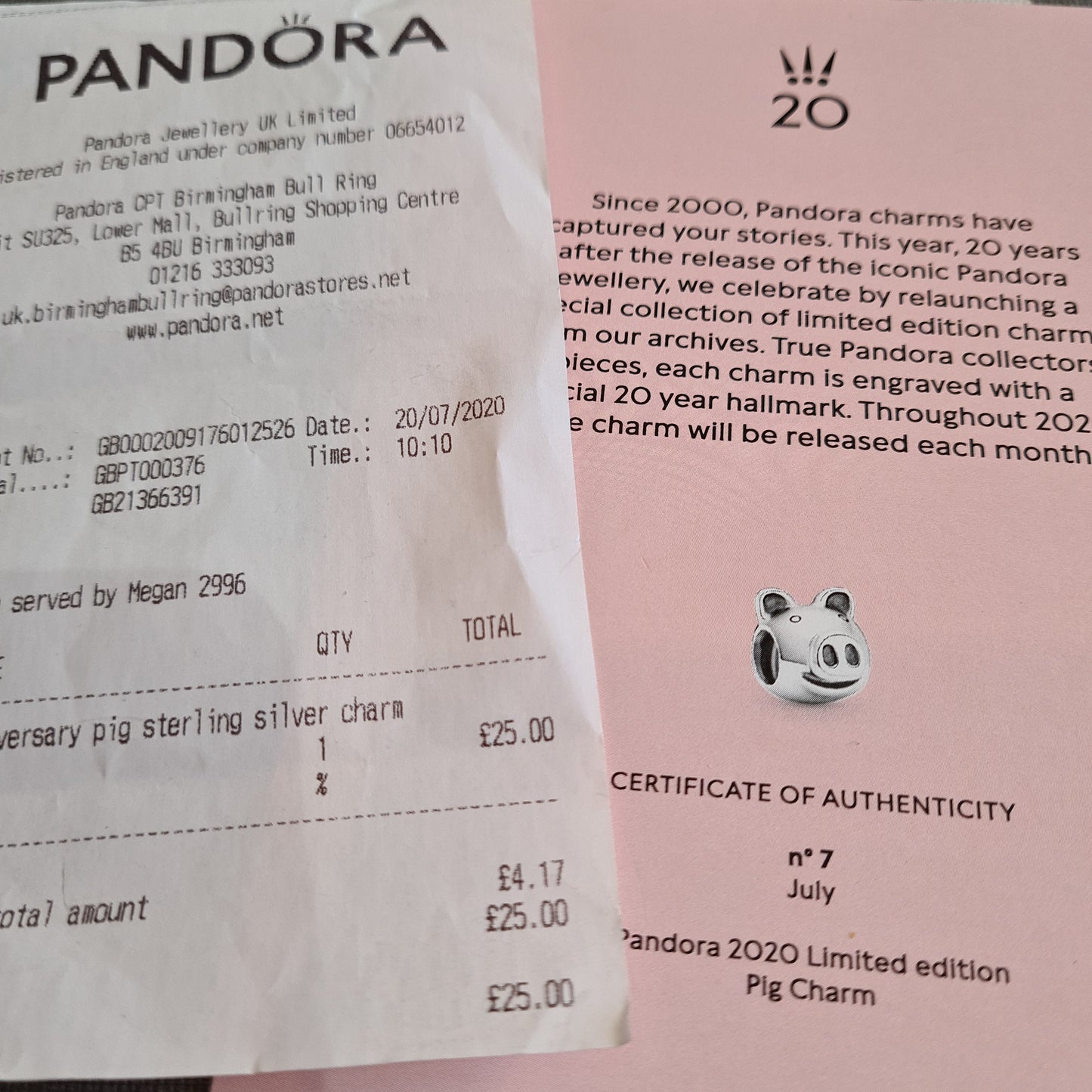 Genuine Pandora 20th Anniversary Pig With Certificate No.7 July