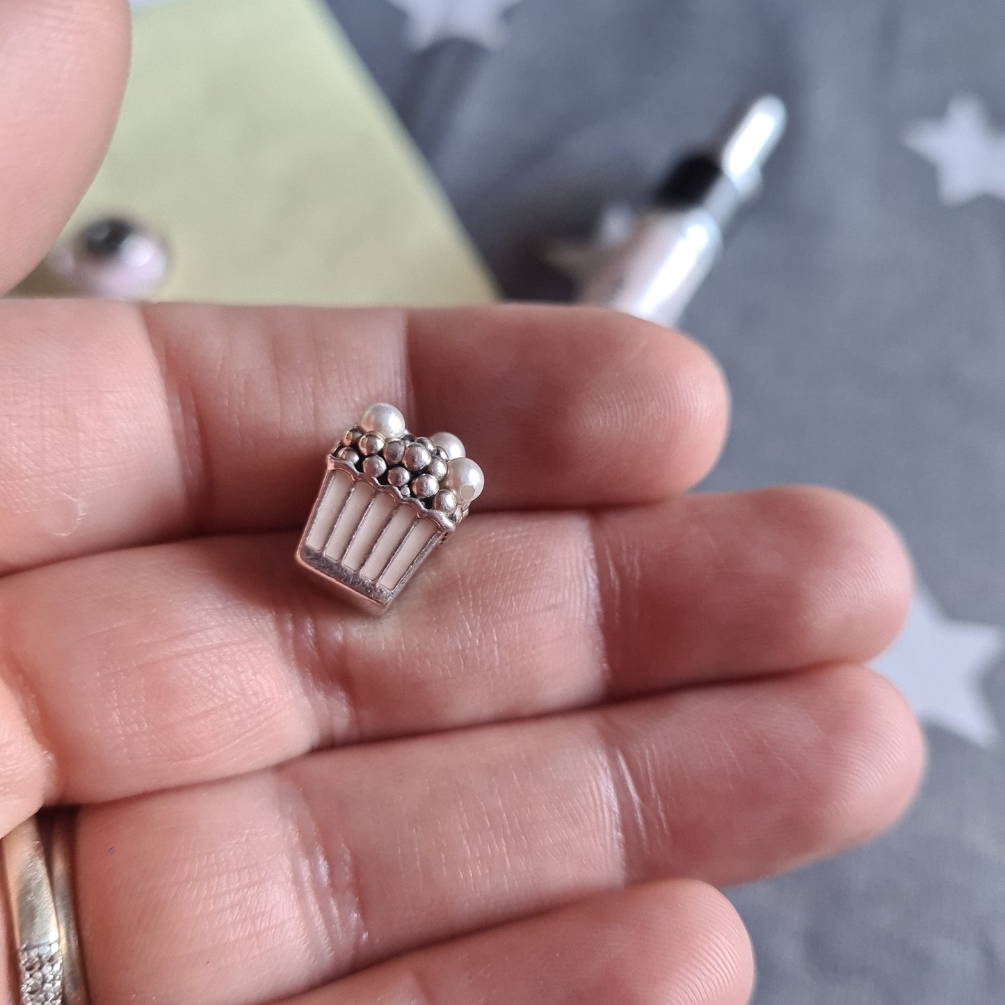 Genuine Pandora Enamel and Pearl Popcorn Bucket Charm Pink defect
