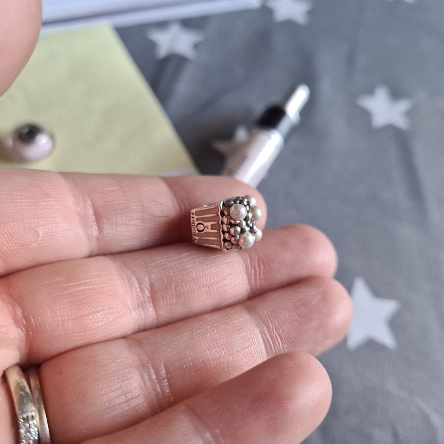 Genuine Pandora Enamel and Pearl Popcorn Bucket Charm Pink defect