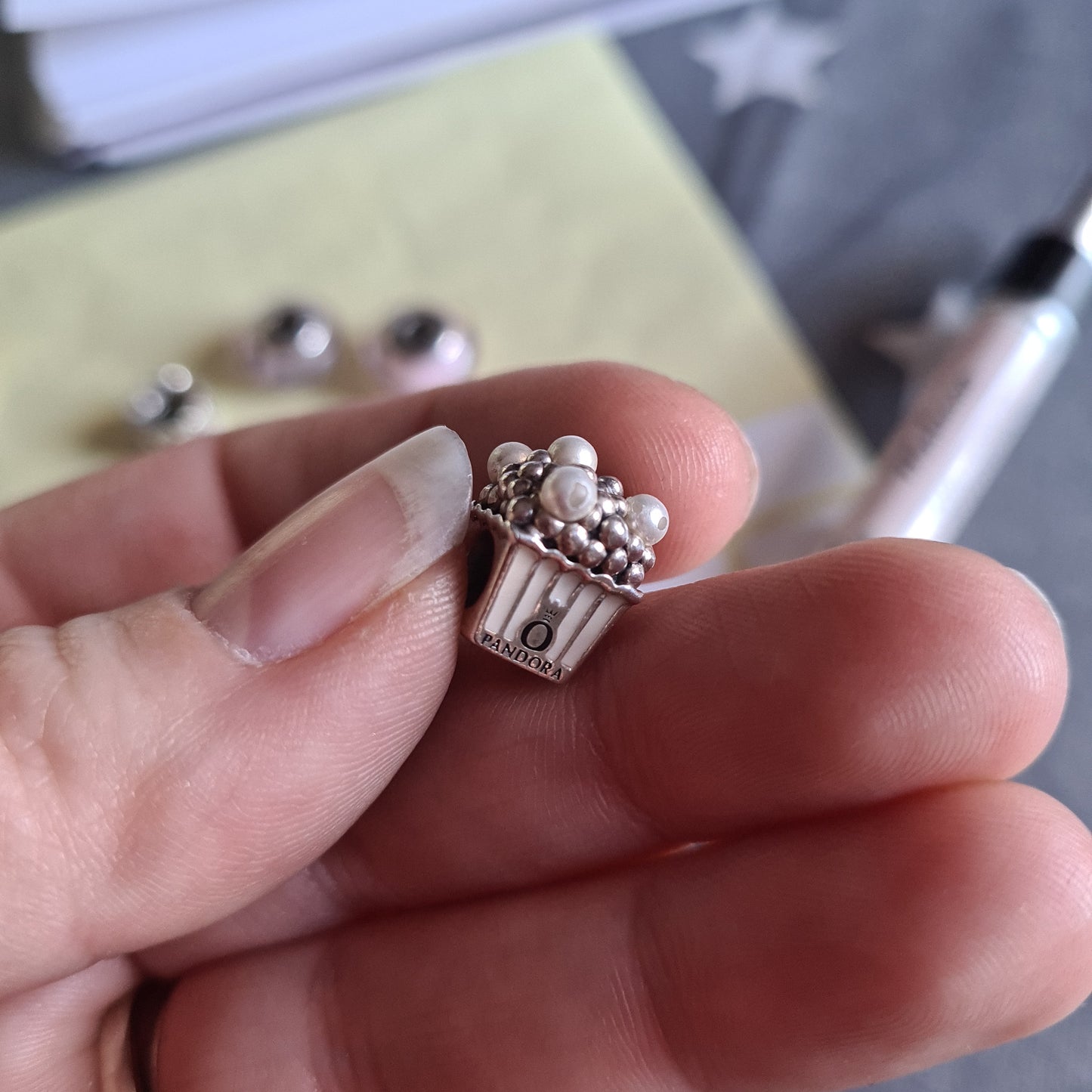 Genuine Pandora Enamel and Pearl Popcorn Bucket Charm Pink defect