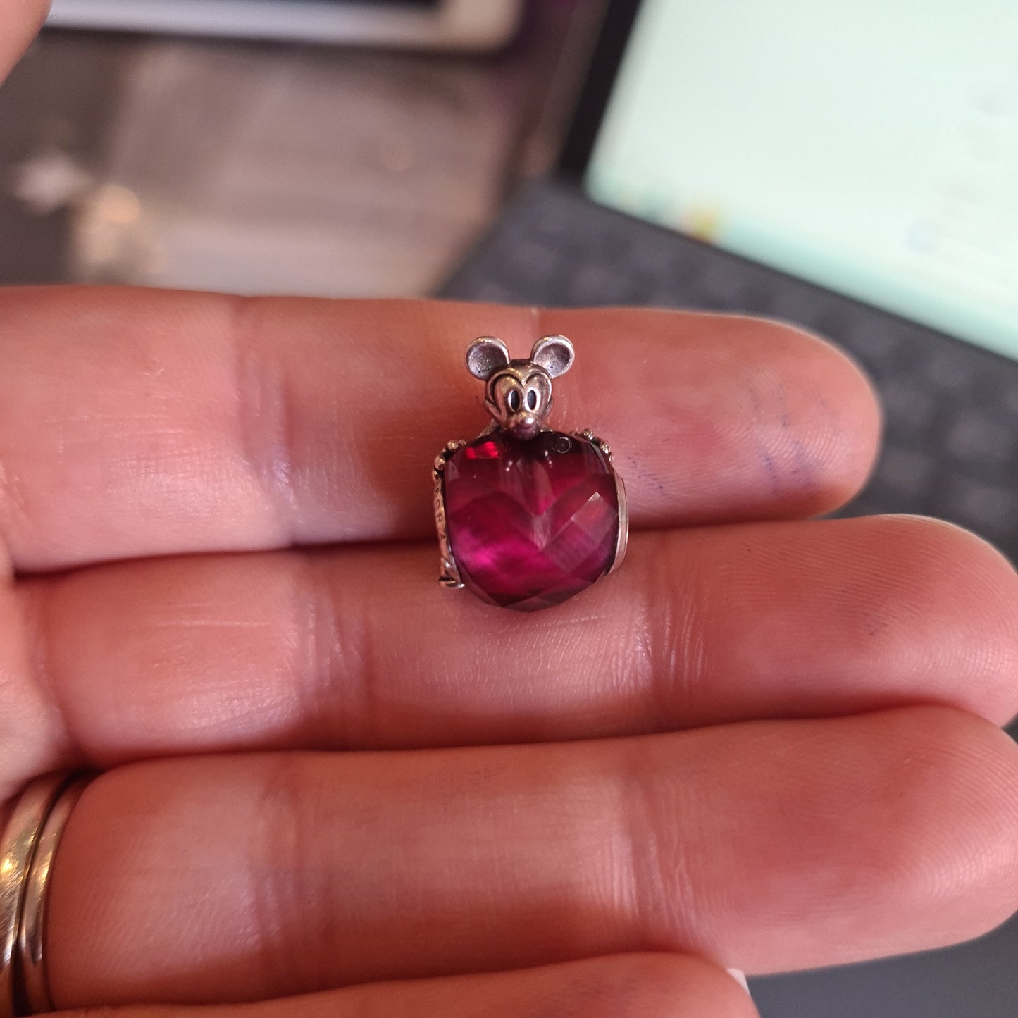 Genuine Pandora Disney Mickey Holding a Pink/ Red Heart Charm