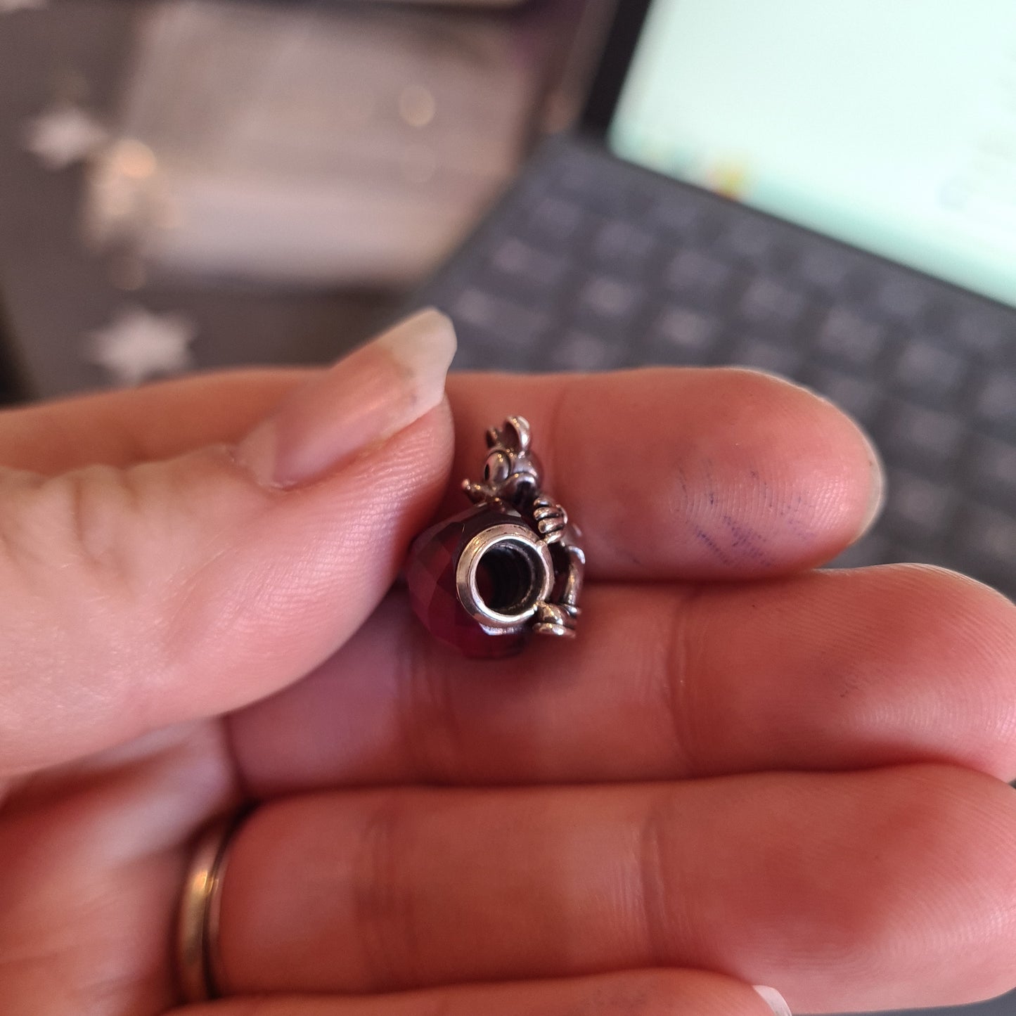 Genuine Pandora Disney Mickey Holding a Pink/ Red Heart Charm