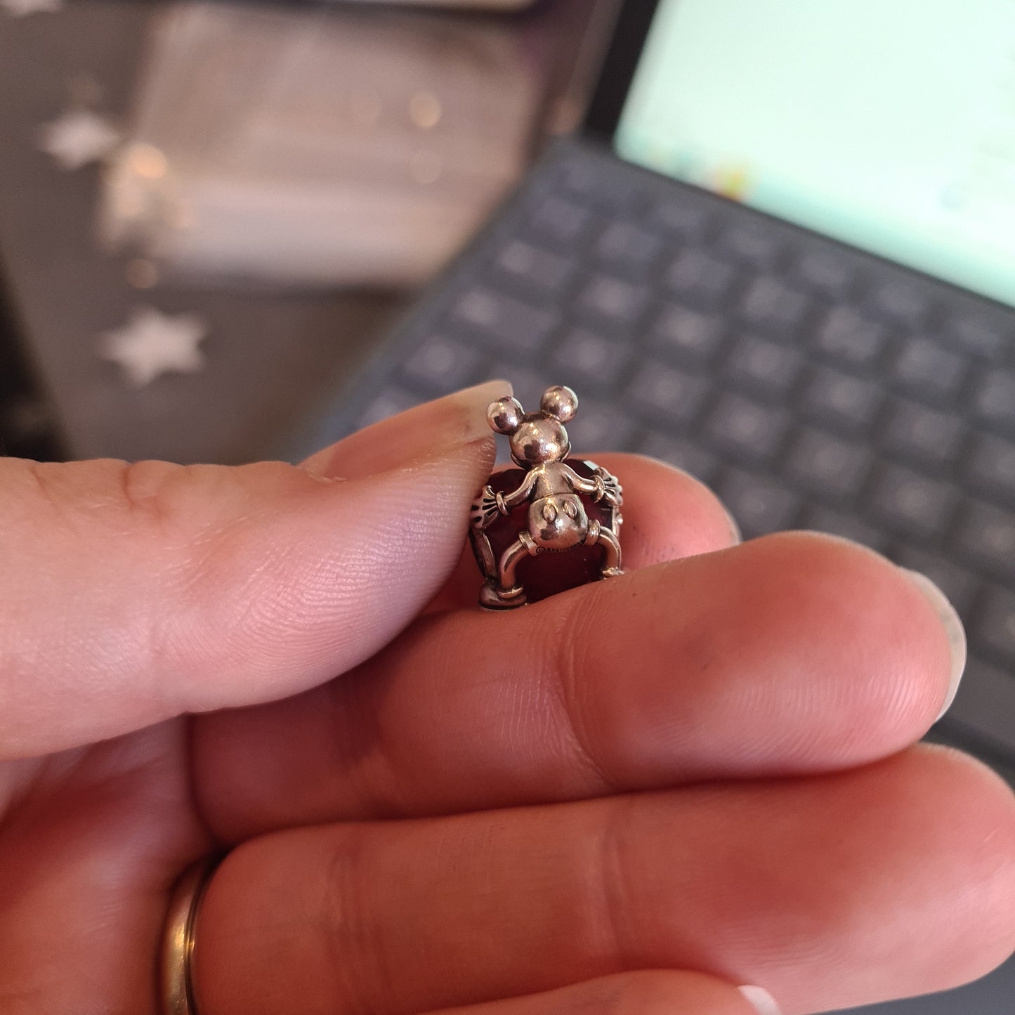Genuine Pandora Disney Mickey Holding a Pink/ Red Heart Charm
