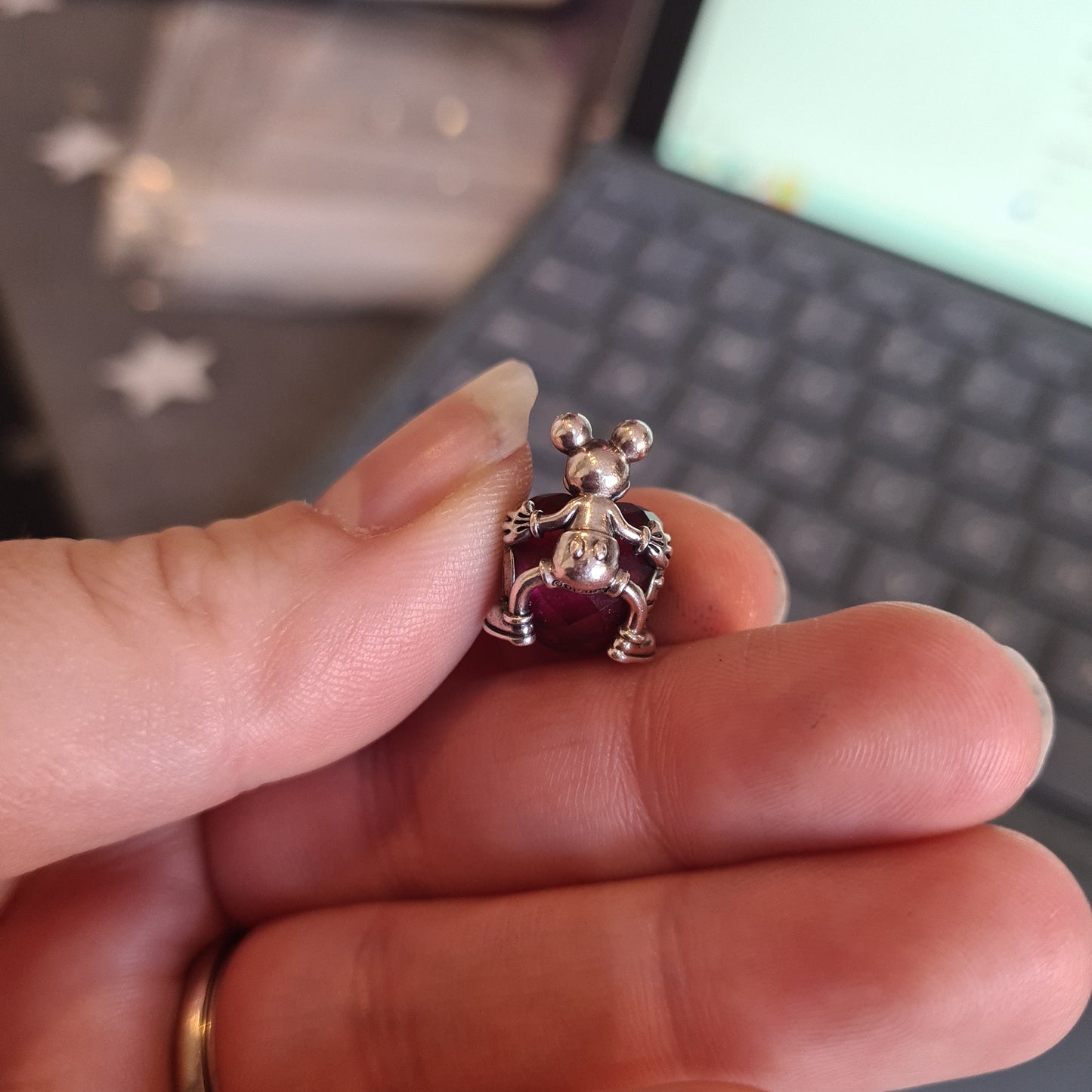 Genuine Pandora Disney Mickey Holding a Pink/ Red Heart Charm