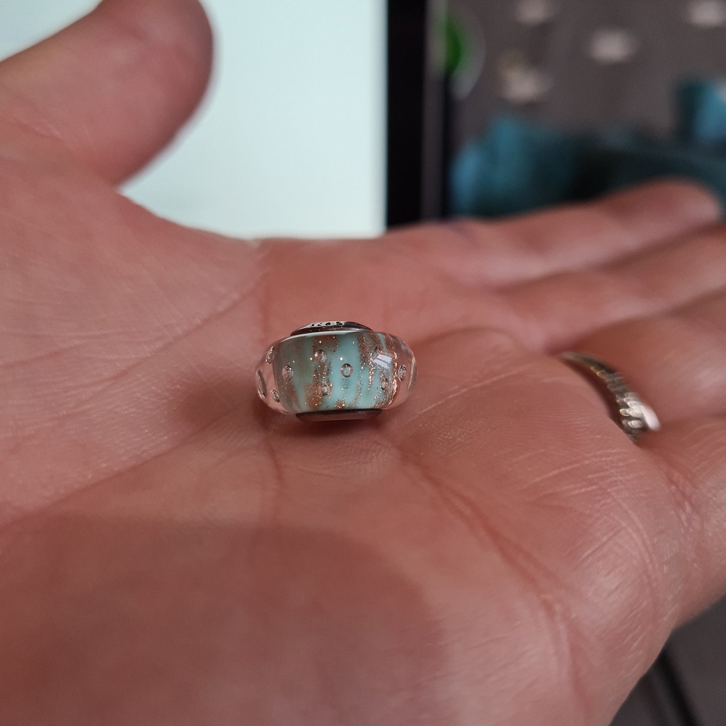 Genuine Pandora Teal Baby Blue Fizzle Sparkle Murano With Bubbles and Gold Fleck.