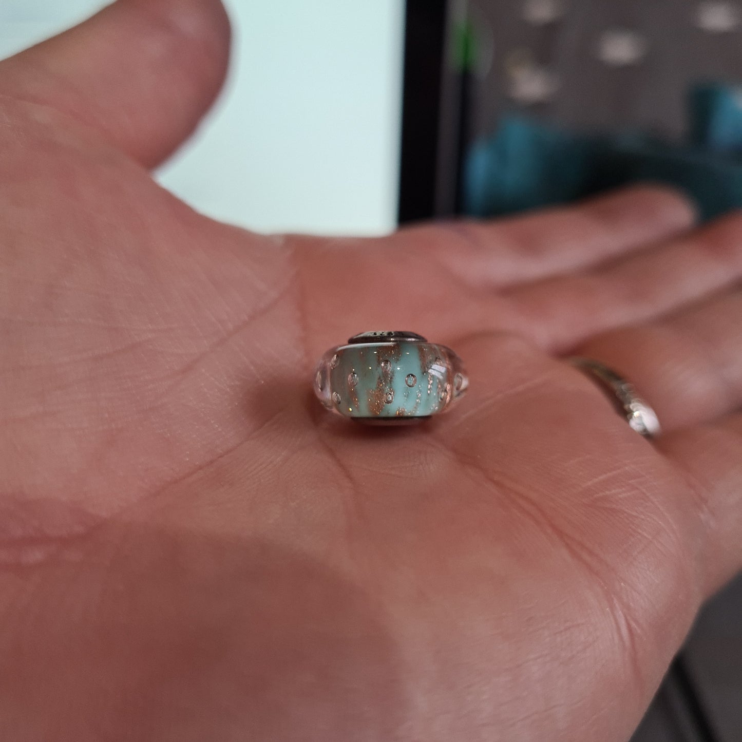 Genuine Pandora Teal Baby Blue Fizzle Sparkle Murano With Bubbles and Gold Fleck.