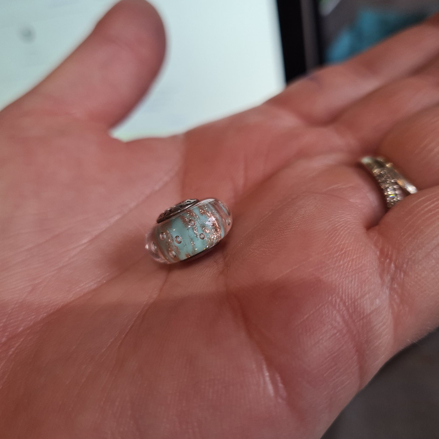 Genuine Pandora Teal Baby Blue Fizzle Sparkle Murano With Bubbles and Gold Fleck.