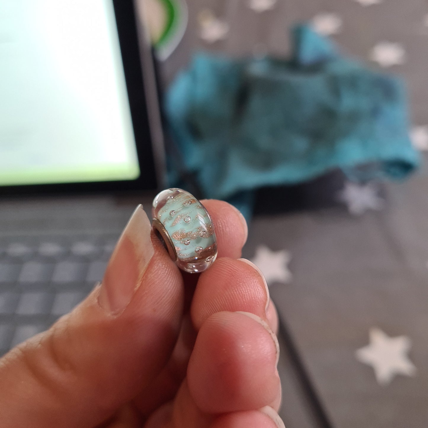 Genuine Pandora Teal Baby Blue Fizzle Sparkle Murano With Bubbles and Gold Fleck.