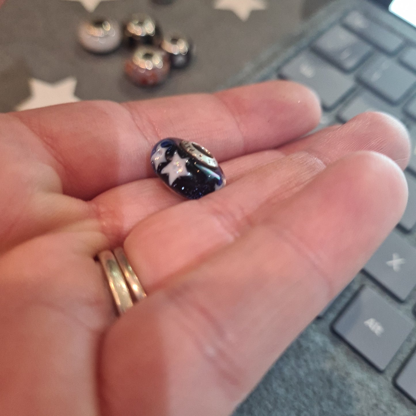 Genuine Pandora Navy Murano with White Star Murano With Glitter Glass Charm