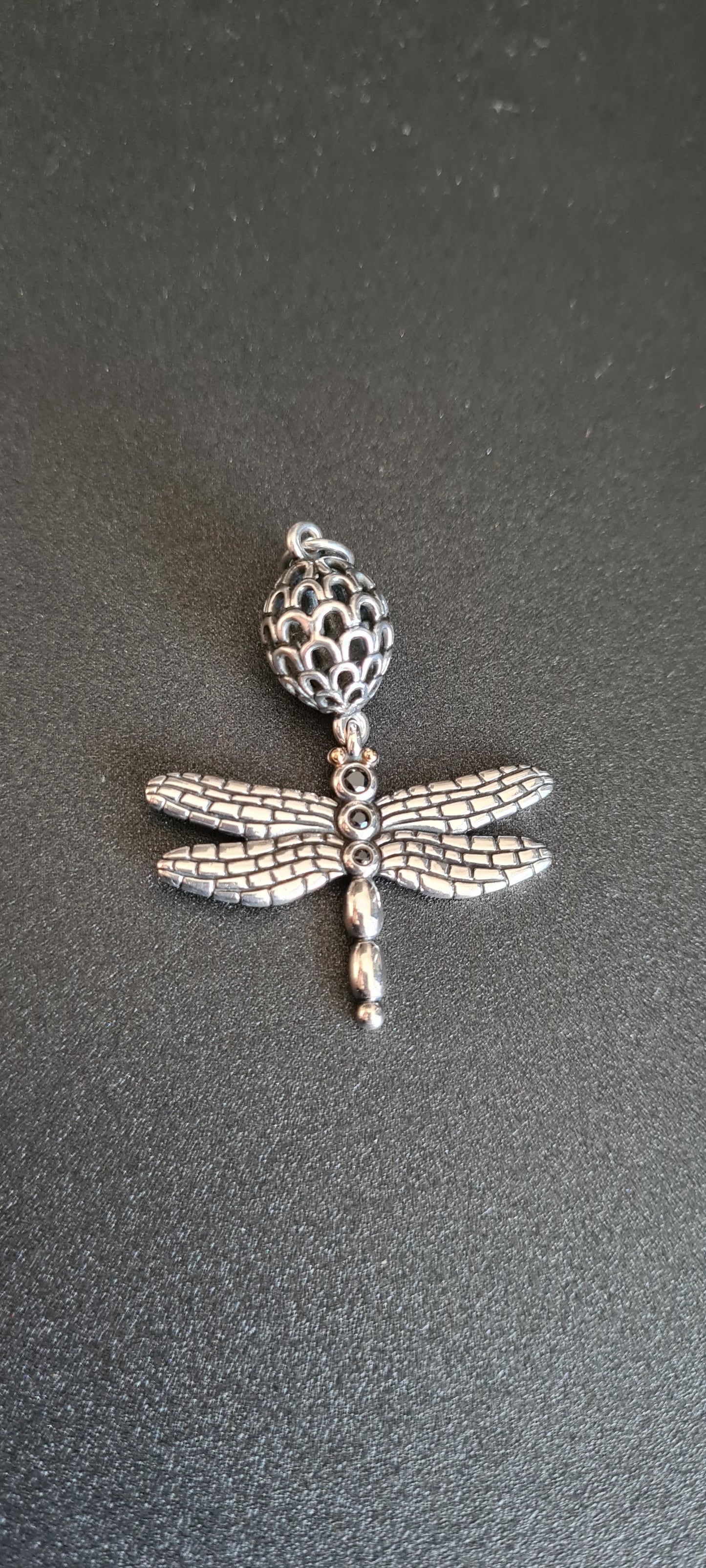 Genuine Pandora Rare HTF Two Tone Dragonfly Pendant Large With chain
