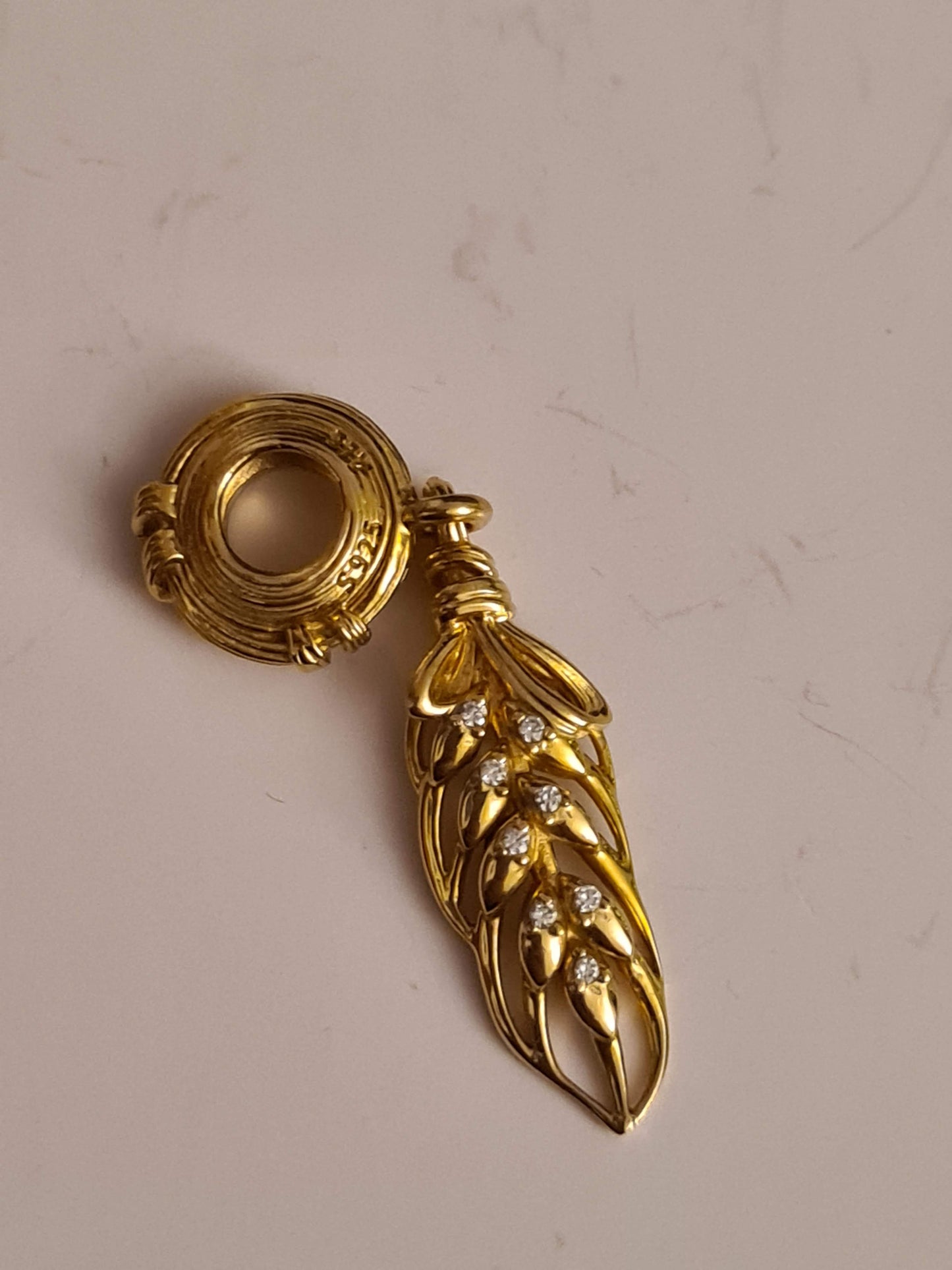 Genuine Pandora Shine Wheat Sheaf Pave Feather Dangle Charm Gold