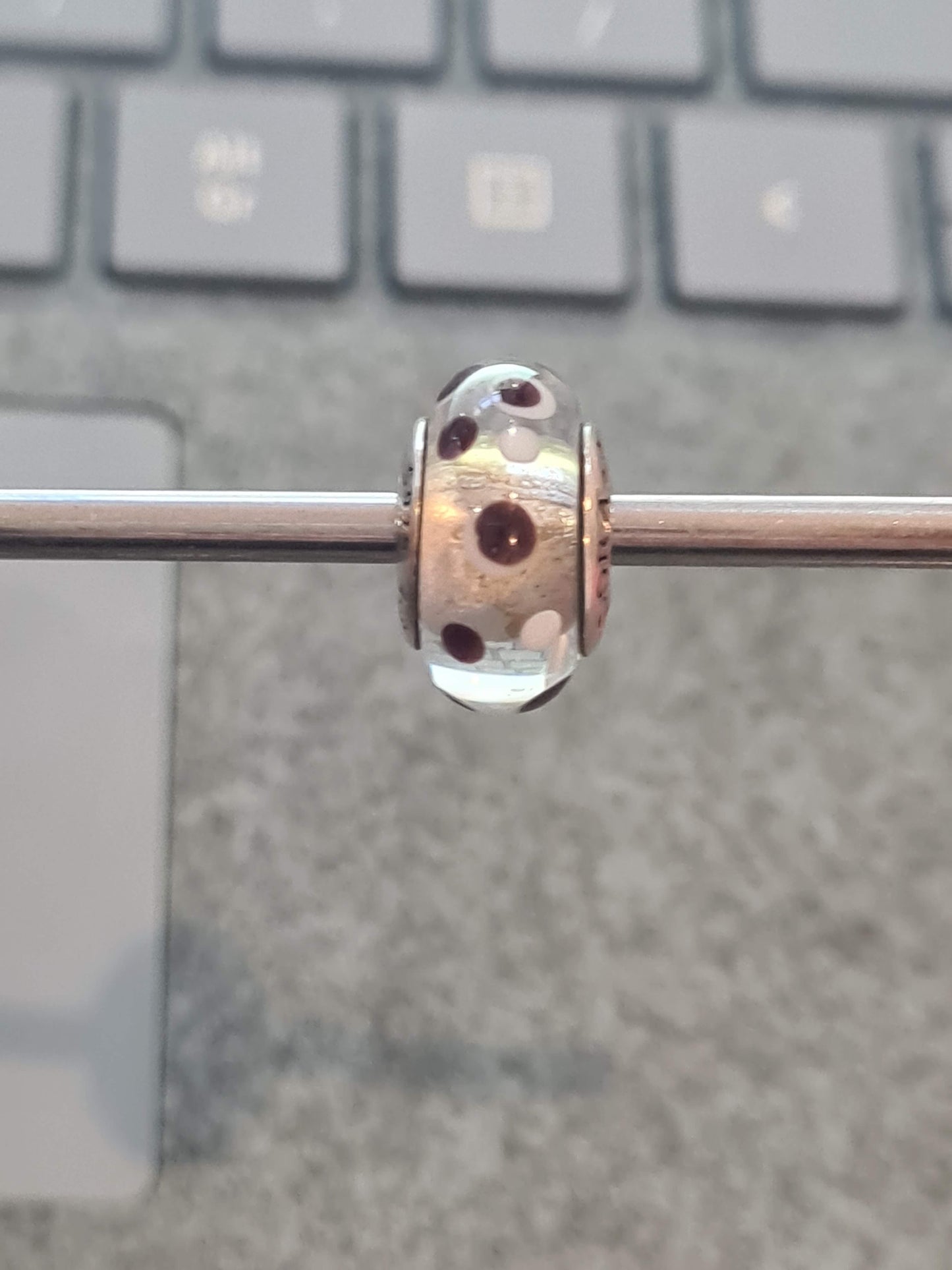 Genuine Pandora White Murano Charm With Brown Dots Polka