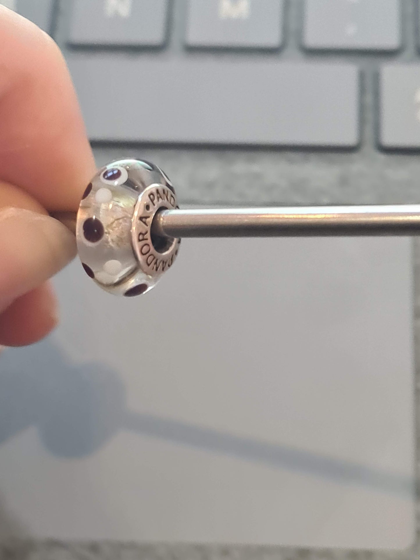 Genuine Pandora White Murano Charm With Brown Dots Polka