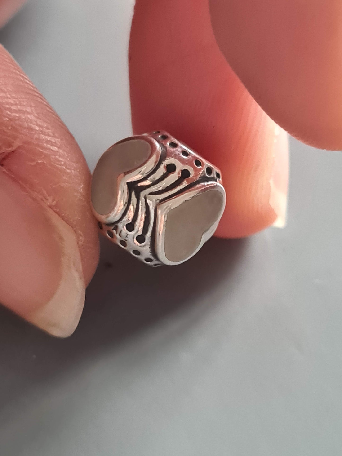 Genuine Pandora Grey Heart Enamel Ball Charm with Oxidisation Detail
