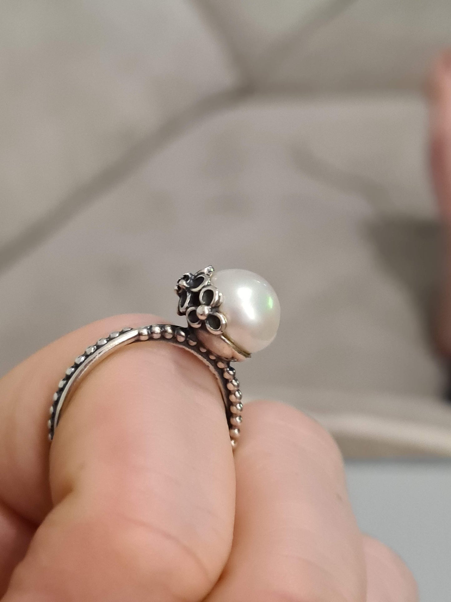 Genuine Pandora Pearl Odyssey Ring with Black Stone on Flower Size 58