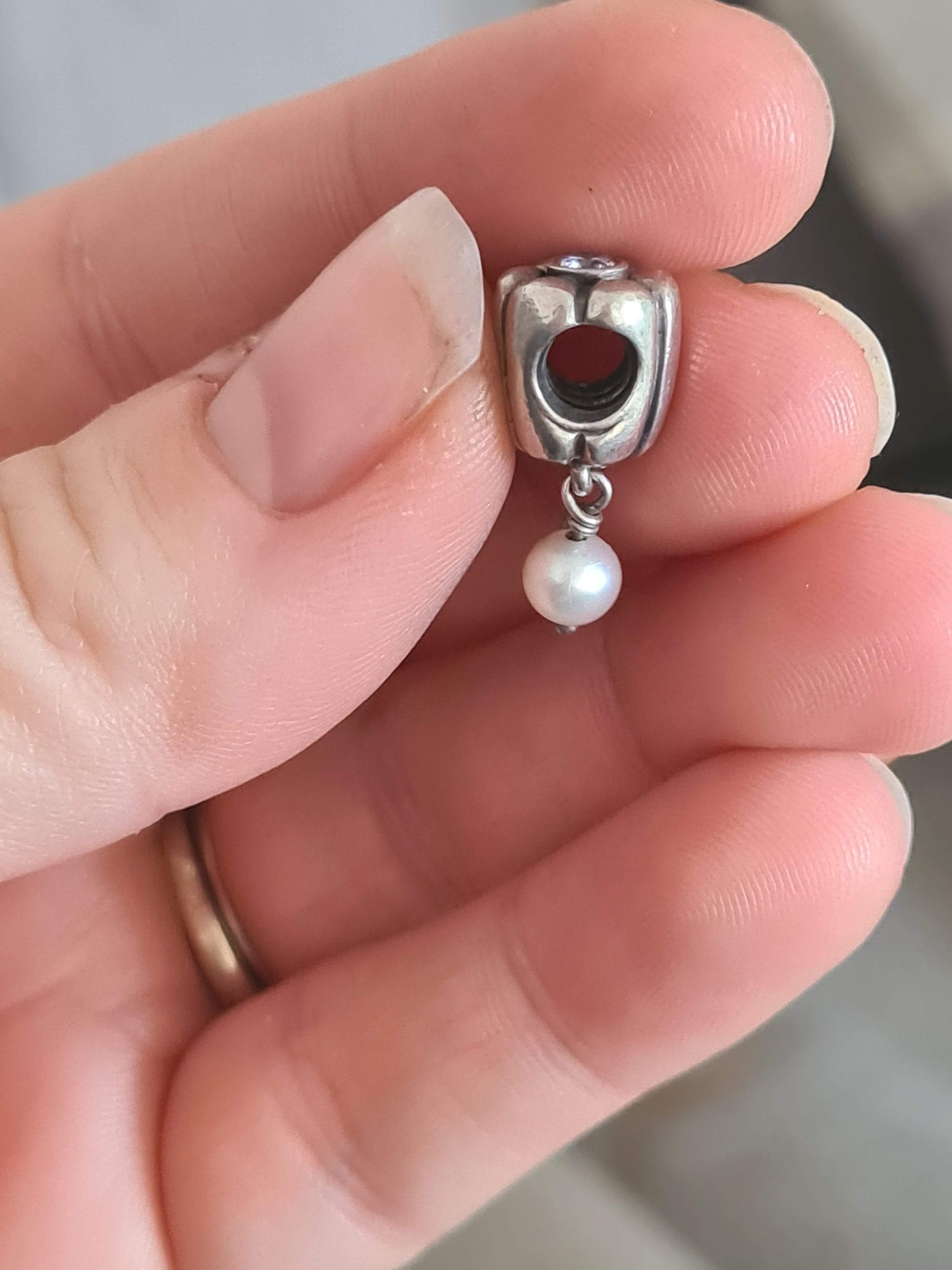 Genuine Pandora White Pearl Lavender Bud Dangle Charm