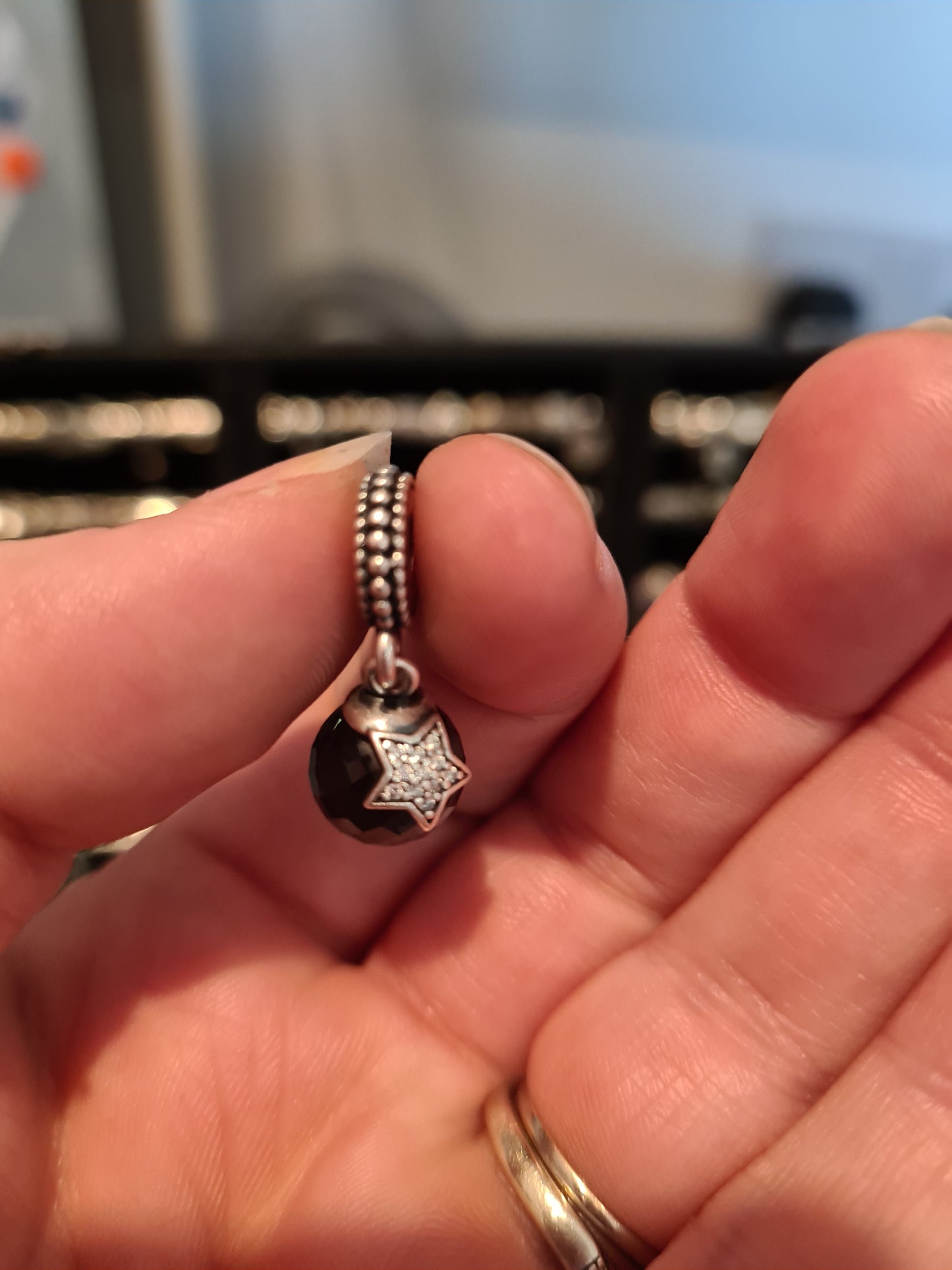 Genuine Pandora Dark Blue / Black Faceted Glass Murano Dangle With Pave Star Charm