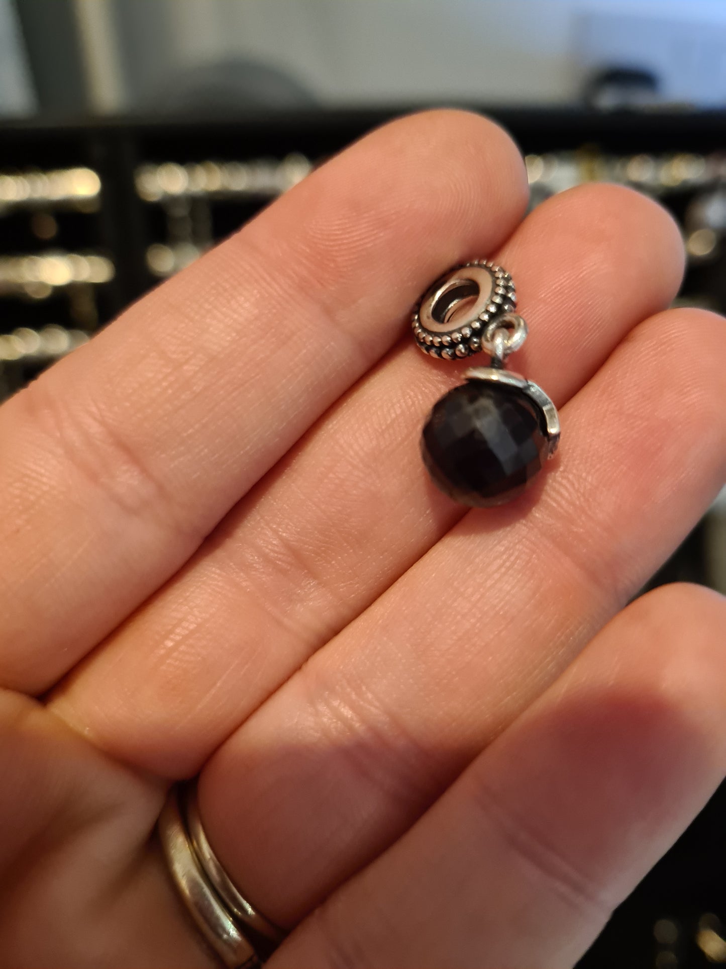 Genuine Pandora Dark Blue / Black Faceted Glass Murano Dangle With Pave Star Charm