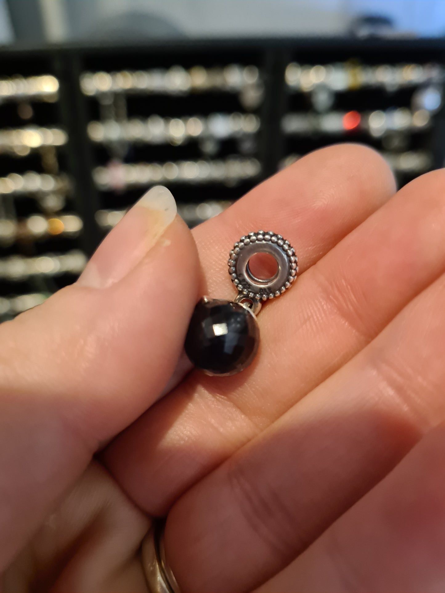 Genuine Pandora Dark Blue / Black Faceted Glass Murano Dangle With Pave Star Charm