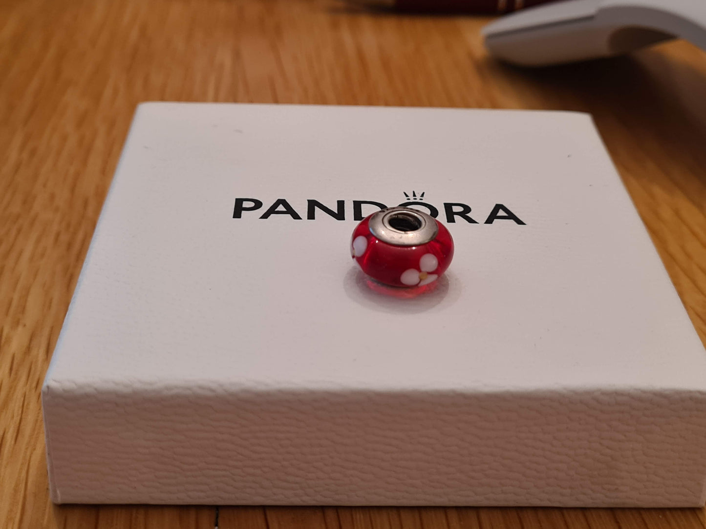 Genuine Pandora Red Murano with White Flower Glass Charm