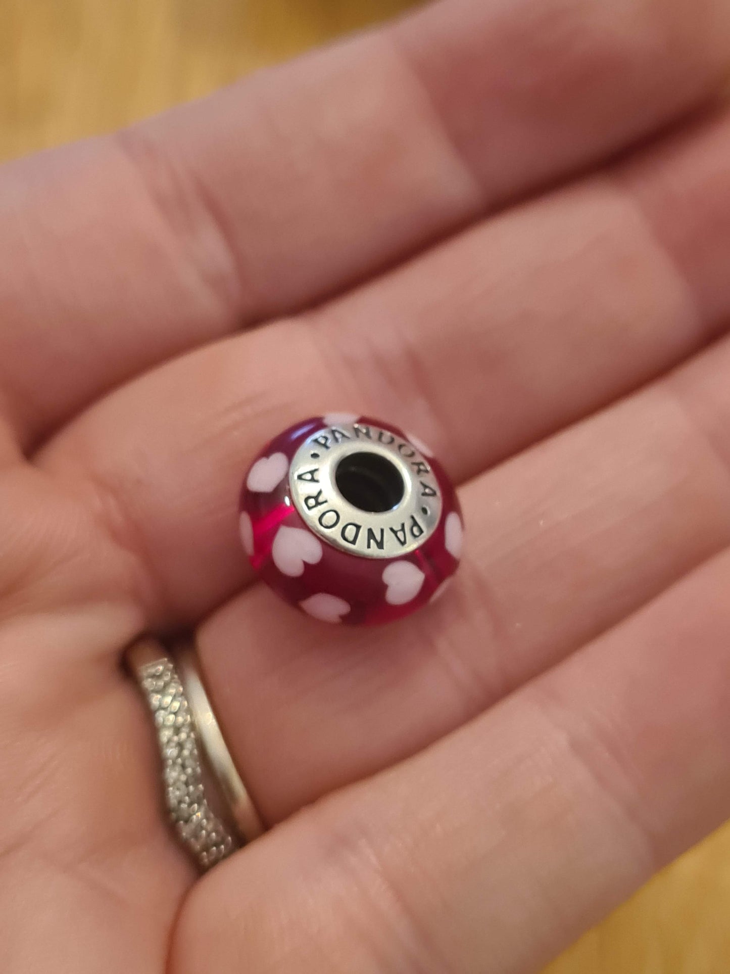 Genuine Pandora Light Pink Hearts on a Red Background Murano Charm