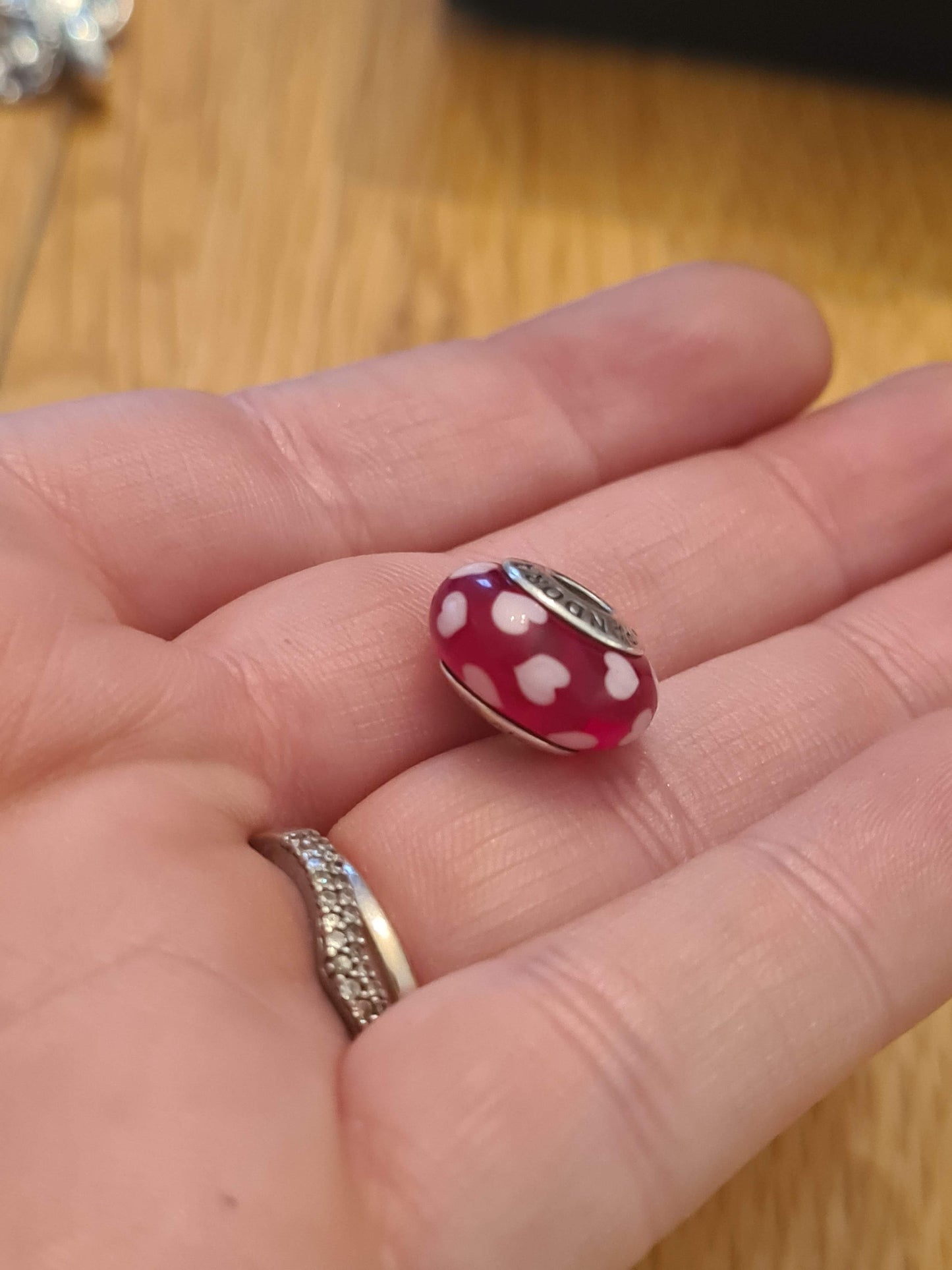 Genuine Pandora Light Pink Hearts on a Red Background Murano Charm