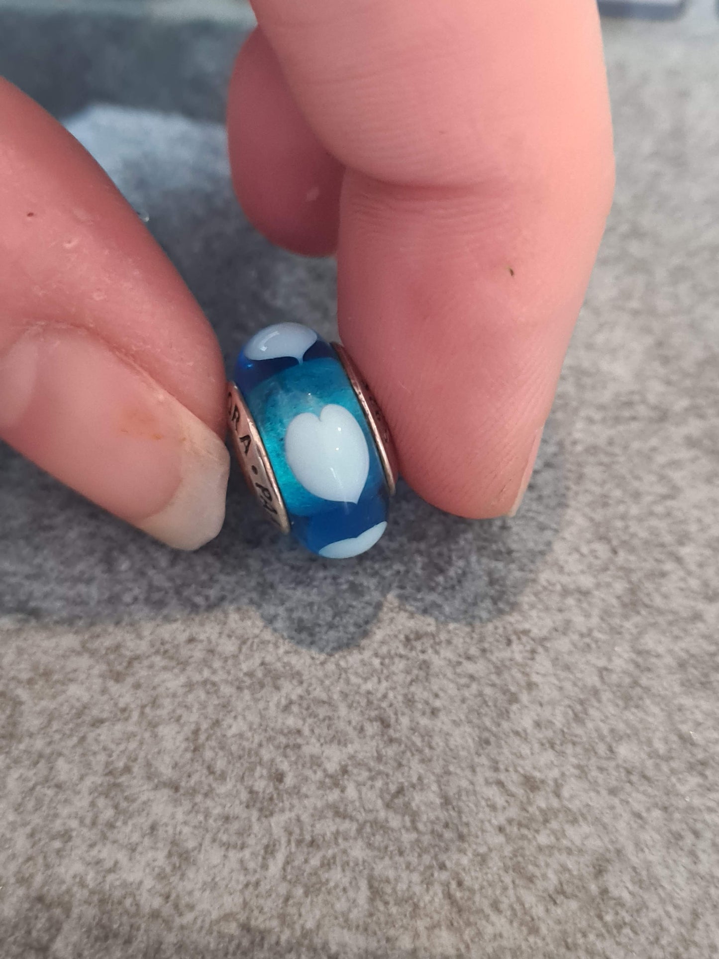 Genuine Pandora Blue Murano Glass Charm with Light Blue Heart Charm