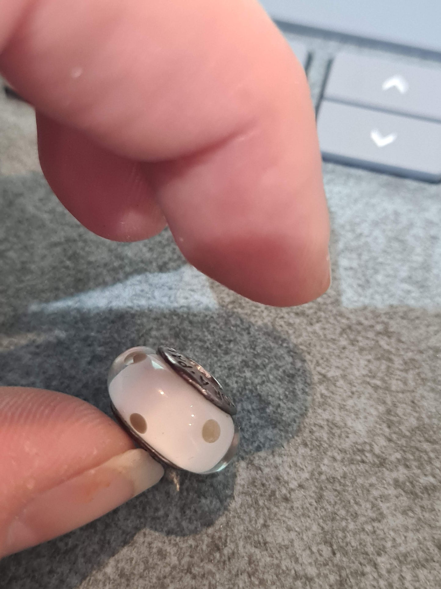 Genuine Pandora White Murano Glass Charm With Grey Polka Dots