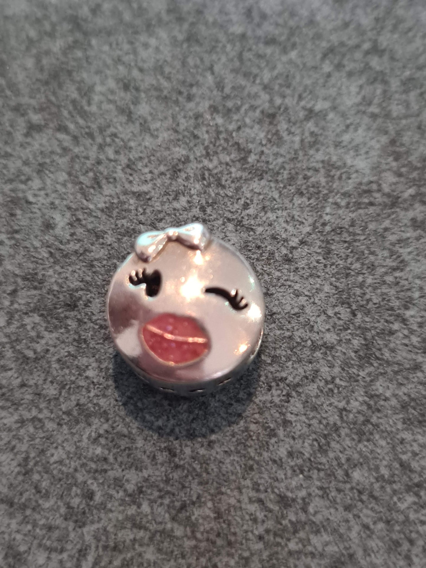 Genuine Pandora Wink Face Emoji Charm with Pink Enamel Lips