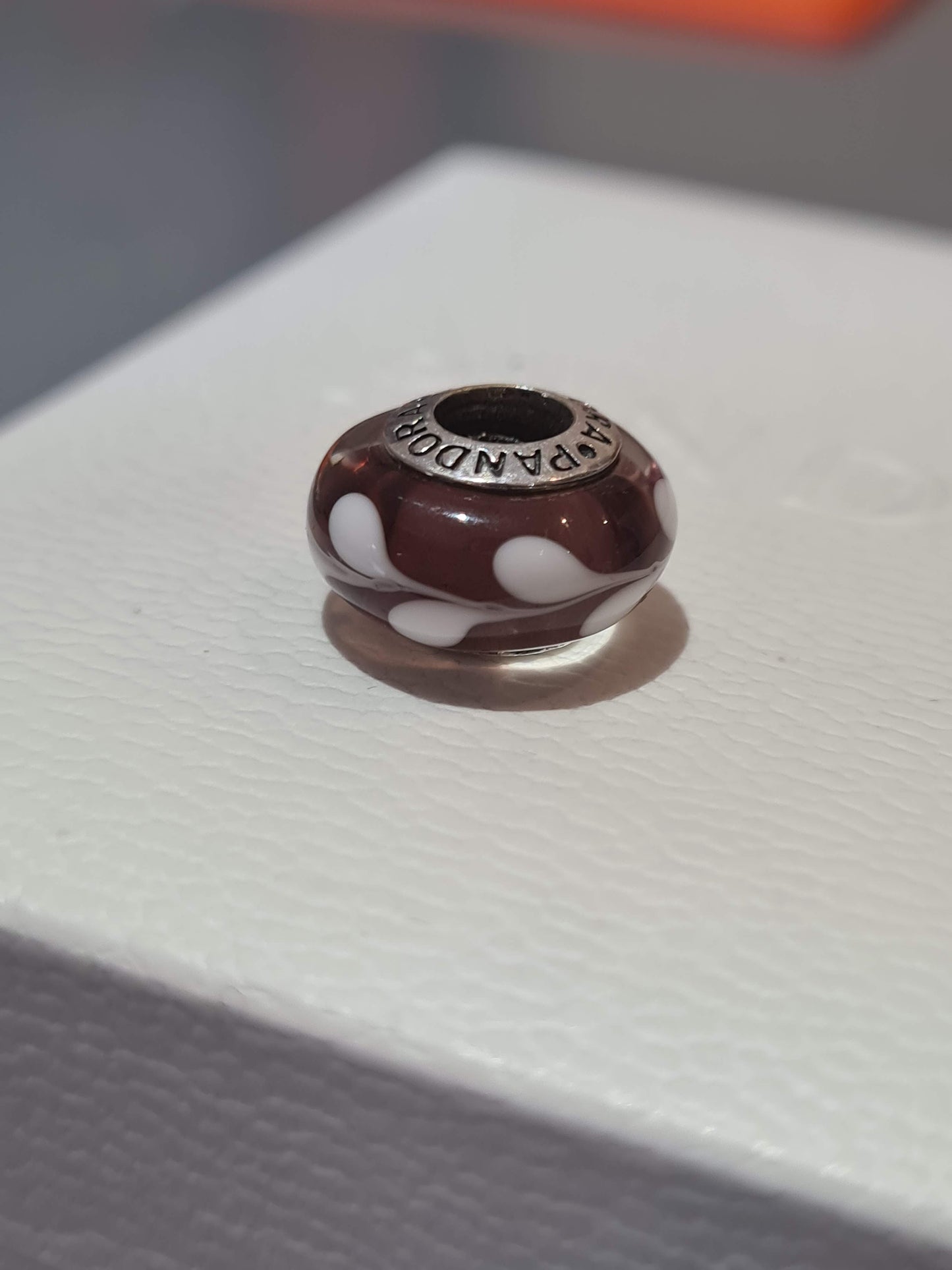 Genuine Pandora Pink Murano Glass Charm With White Paint Swirl Markings