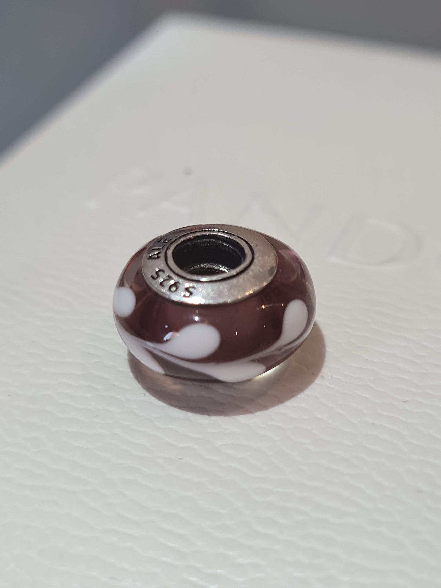 Genuine Pandora Pink Murano Glass Charm With White Paint Swirl Markings