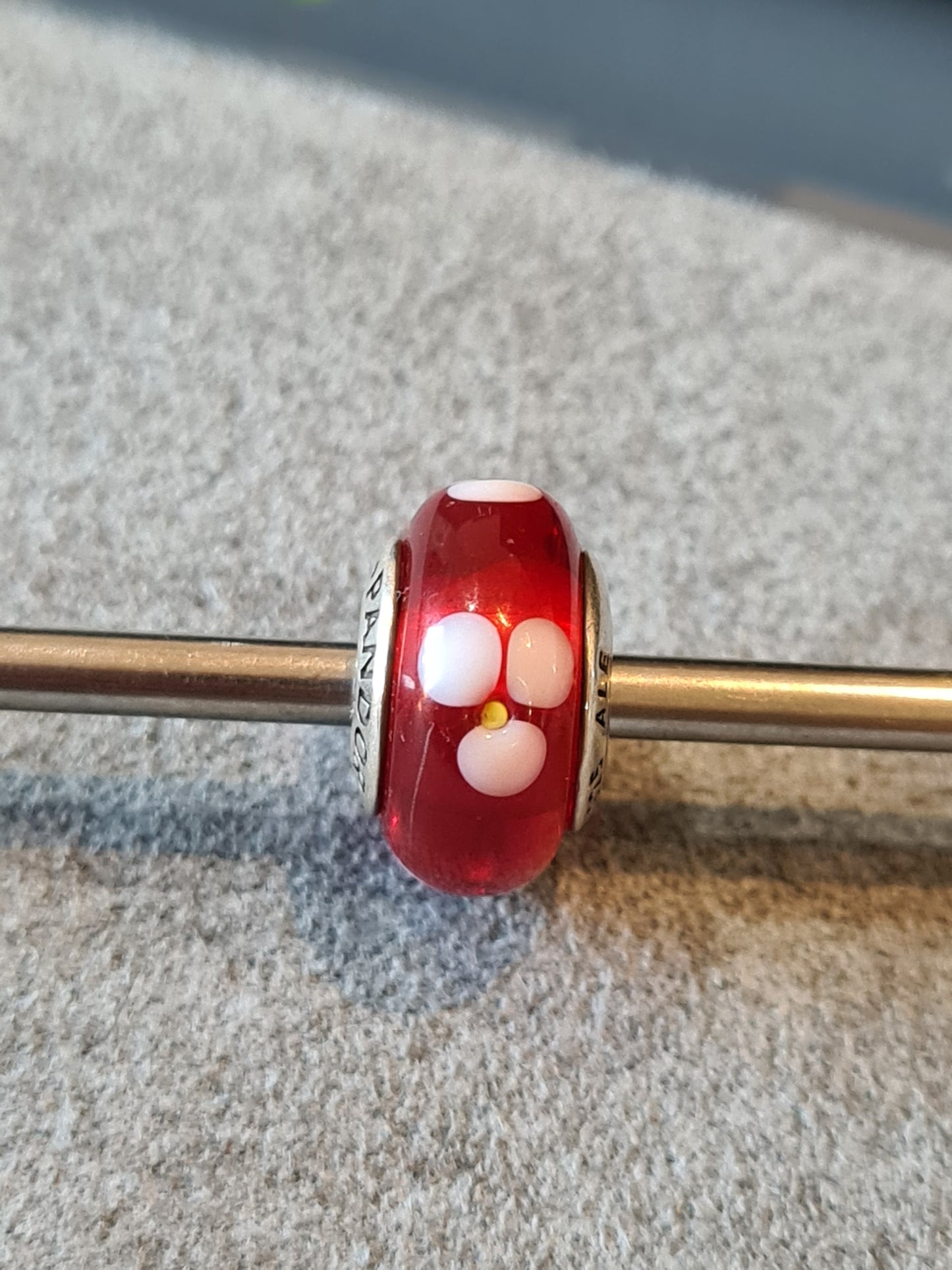 Genuine Pandora Red Murano Glass Charm With White and Yellow Flowers