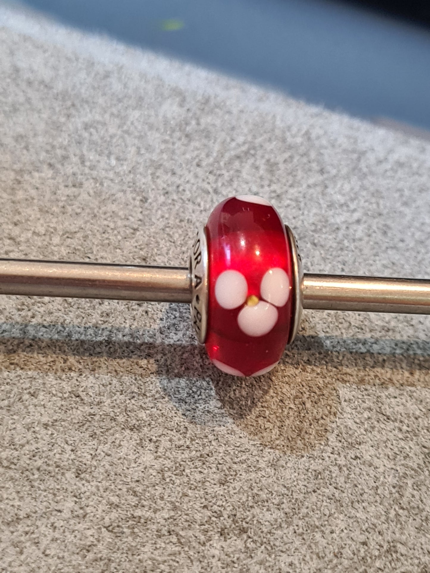 Genuine Pandora Red Murano Glass Charm With White and Yellow Flowers